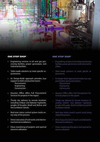 EPC




ONE STOP SHOP                                       ONE STOP SHOP

•	   Engineering services in oil and gas pro-       •	   Engineering services in oil and gas processing
     cessing facilities, power generation, and           facilities, power generation, and industrial fa-
     industrial facilities.                              cilities.

•	   Tailor-made solutions to meet specific re-     •	   Tailor-made solutions to meet specific re-
     quirements.                                         quirements.

•	   Its Design-Build approach provides true        •	   Its Design-Build approach provides true sup-
     support to field construction teams                 port to field construction teams
          Procurement                                         Procurement
          Engineering                                         Engineering
          Construction                                        Construction

•	   Houston Office offers Full Procurement         •	   Houston Office offers Full Procurement Ser-
     Services for projects in the region.                vices for projects in the region.

•	   Timely site delivery to remote locations       •	   Timely site delivery to remote locations in-
     including Chilean and Bolivian highlands,           cluding Chilean and Bolivian highlands,
     jungles of Ecuador, Brazil and Bolivia and          jungles of Ecuador, Brazil and Bolivia and the
     the Caribbean islands.                              Caribbean islands.

•	   Real-time status control system tracks ev-     •	   Real-time status control system tracks every
     ery step of the process.                            step of the process.

•	   Direct execution of civil works and electro-   •	   Direct execution of civil works and electrome-
     mechanical installations.                           chanical installations.

•	   Close monitoring of projects and optimal       •	   Close monitoring of projects and optimal re-
     resource utilization.                               source utilization.
 