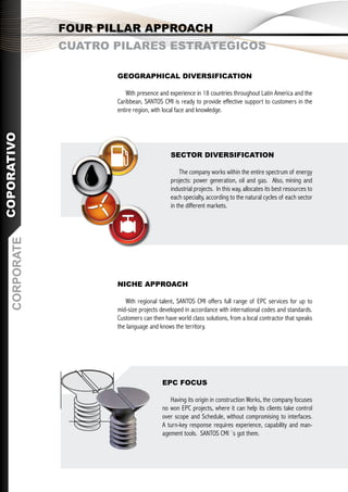 FOUR PILLAR APPROACH
                CUATRO PILARES ESTRATEGICOS

                       GEOGRAPHICAL DIVERSIFICATION

                           With presence and experience in 18 countries throughout Latin America and the
                       Caribbean, SANTOS CMI is ready to provide effective support to customers in the
                       entire region, with local face and knowledge.
COPORATIVO




                                             SECTOR DIVERSIFICATION

                                                 The company works within the entire spectrum of energy
                                             projects: power generation, oil and gas. Also, mining and
                                             industrial projects. In this way, allocates its best resources to
                                             each specialty, according to the natural cycles of each sector
                                             in the different markets.
    CORPORATE




                       NICHE APPROACH

                           With regional talent, SANTOS CMI offers full range of EPC services for up to
                       mid-size projects developed in accordance with international codes and standards.
                       Customers can then have world class solutions, from a local contractor that speaks
                       the language and knows the territory.




                                         EPC FOCUS

                                            Having its origin in construction Works, the company focuses
                                         no won EPC projects, where it can help its clients take control
                                         over scope and Schedule, without compromising to interfaces.
                                         A turn-key response requires experience, capability and man-
                                         agement tools. SANTOS CMI ´s got them.
 