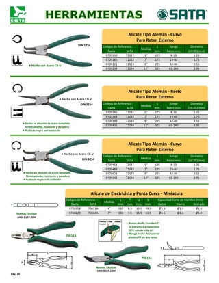 Códigos de Referencia
Medida
L Rango Diámetro
Saeta SATA mm. Reten mm (±0.05)(mm)
9709150 72021 5" 125 8-10 1.25
9709185 72022 7" 175 19-60 1.75
9709221 72023 9" 225 32-80 2.15
9709239 72024 13" 325 65-140 2.95
Códigos de Referencia
Medida
L Rango Diámetro
Saeta SATA mm. Reten mm (±0.05)(mm)
9709345 72031 5" 125 8-10 1.25
9709364 72032 7" 175 19-60 1.75
9709399 72033 9" 225 32-80 2.15
9709435 72034 13" 325 65-140 2.95
Códigos de Referencia
Medida
L Rango Diámetro
Saeta SATA mm. Reten mm (±0.05)(mm)
9709453 72041 5" 125 8-10 1.25
9709488 72042 7" 175 19-60 1.75
9709524 72043 9" 225 32-80 2.15
9709542 72044 13" 325 65-140 2.95
Códigos de Referencia
Medida
L T a b Capacidad Corte de Alambre (mm)
Saeta SATA mm. mm. mm. mm. Cobre Hierro Acerado
9710158 70611A 4" 110 8.5 15.5 49.5 Ø1.5 Ø1.3 Ø1.0
9710229 70613A 5" 120 7.5 11.5 51.5 Ø1.5 Ø1.3 Ø1.0
Pág. 34
Alicate Tipo Alemán - Curvo
Para Reten Externo
DIN 5254
● Hecho con Acero CR-V
Alicate Tipo Alemán - Recto
Para Reten Externo
DIN 5254
Alicate Tipo Alemán - Curvo
Para Reten Externo
● Hecho con Acero CR-V
DIN 5254
● Hecho en aleación de acero templado
térmicamente, resistente y duradero
● Acabado negro anti oxidación
● Hecho en aleación de acero templado
térmicamente, resistente y duradero
● Acabado negro anti oxidación
● Hecho con Acero CR-V
Alicate de Electricista y Punta Curva - Miniatura
Normas Técnicas
ANSI B107.20M
Normas Técnicas
ANSI B107.13M
○ Nuevo diseño "sándwich"
la estructura proporciona
30% más de vida útil
○ Mango hecho de material
plástico PP en dos tonos
70613A
70611A
 