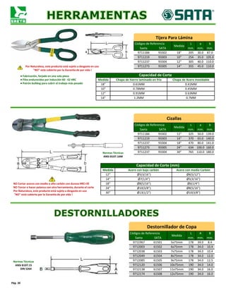 Códigos de Referencia
Medida
L a b
Saeta SATA mm. mm. mm.
9711184 93302 18" 205 30.0 87.0
9711219 93303 10" 254 35.0 105.0
9711237 93304 12" 305 40.0 110.0
9711273 93305 14" 355 45.0 110.0
Capacidad de Corte
Medida Chapa de hierro laminado en frio Chapa de Acero Inoxidable
18" 0.61MM 0.41MM
10" 0.78MM 0.45MM
12" 0.91MM 0.63MM
14" 1.2MM 0.7MM
Códigos de Referencia
Medida
L a b
Saeta SATA mm. mm. mm.
9711184 93302 12" 325 50.0 139.0
9711219 93303 14" 370 65.0 140.0
9711237 93304 18" 470 80.0 141.0
9711273 93305 24" 634 100.0 160.0
9711237 93304 30" 765 110.0 180.0
Capacidad de Corte (mm)
Medida Acero con bajo carbón Acero con medio Carbón
12" Ø5(3/16") Ø4(5/12")
14" Ø7(1/4") Ø5(3/16")
18" Ø8(5/16") Ø6(1/4")
24" Ø10(3/8") Ø8(5/16")
30" Ø13(1/2") Ø10(3/8")
Códigos de Referencia
Medida
L A B
Saeta SATA mm. mm. mm.
9711967 61501 5x75mm 178 34.0 8.4
9712003 61502 6x75mm 178 34.0 10.4
9712038 61503 7x75mm 178 34.0 10.4
9712049 61504 8x75mm 178 34.0 12.0
9712085 61505 9x75mm 178 34.0 12.5
9712120 61506 10x75mm 190 34.0 14.0
9712138 61507 11x75mm 190 34.0 16.0
9712174 61508 12x75mm 190 34.0 16.0
Pág. 36
Tijera Para Lámina
● Fabricación, forjado en una sola pieza
● Filos endurecidos por inducción 60 - 62 HRC
● Patrón bulldog para cubrir el trabajo más pesado
Por Naturaleza, este producto está sujeto a desgaste en uso
"NO" está cubierto por la Garantía de por vida !
Cizallas
Normas Técnicas
ANSI B107.16M
NO Cortar aceros con medio o alto carbón con dureza HRC>35
NO Torcer o hacer palanca con otra herramienta, durante el corte
Por Naturaleza, este producto está sujeto a desgaste en uso
"NO" está cubierto por la Garantía de por vida !
Destornillador de Copa
Normas Técnicas
ANSI B107.15
DIN 5264
 