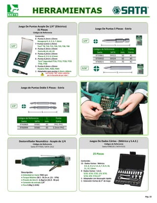 Pág. 55
9760869 59381 65 PH1-PH1
9760994 59385 65 5.5mm-PH2
Códigos de Referencia L Punta
Saeta SATA mm. Estría
9759932 59324 50 #3
9760021 59522 70 #2
Saeta SATA mm. Estría
9759861 59322 50 #1
Códigos de Referencia L Punta
Las Puntas "NO" están cubiertas
por la Garantía de por vida !
Juego De Puntas Acople De 1/4" (Eléctrico)
31 Piezas
Códigos de Referencia
Contenido:
6 - Puntas 6.3mm x 25mm
Hexagonal 3, 4, 5, 6, 7, 8mm
7- Puntas 6,3mm x 25mm
Torx® T8, T10, T15, T20, T25, T30, T40
4 - Puntas 6.3mm x 25mm
Estría #0, #1, #2, #3
4 - Puntas 6,3mm x 25mm
Planas 4, 5.5, 6, 6.5mm
6 - Puntas 6,3mm x 25mm
Torx® Seguridad TT10, TT15, TT20, TT25
TT30, TT40
3 - Puntas 6,3mm x 25mm
Pozidriv PZ#1, PZ#2, PZ#3
1 - Adaptador para puntas 6,3mm x 60mm
1/4"
Juego de Puntas Doble 5 Piezas - Estría
1/4"
Juego De Puntas 5 Piezas - Estría
1/4"
5/16"
Destornillador Neumático - Acople de 1/4
Códigos de Referencia
Saeta 9777503 / SATA 1312
Descripción:
● Velocidad en Vacío 7000 rpm
● Torque Máximo 28.5 - 50.2n.m. (21 - 37lb)
● Presión de Aire 3 - 6.3kg/cm (42.8 - 90 psi)
● Conexión de entrada 1/4"
● Peso 0.8kg (1.61lb)
Juegos De Dados Córtex - (Métrico y S.A.E.)
Códigos de Referencia
Saeta 9780135 / SATA 9131
Contenido:
13 - Dados Vortex - Métrico
3.5, 4, 4.5, 5, 5.5, 6, 7, 8, 9, 10,
11, 12, 13mm
9 - Dados Vortex - S.A.E.
5/32, 3/16, 7/32, 1/4, 9/32,
5/16, 3/8, 7/16,1/2"
1 - Adaptador con desacople rápido
1 - Extensión Vortex de 3" de largo
25 Piezas
 