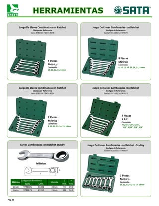 Pág. 58
Hasta 9781873 43310 19mm 138 34.0
mm. mm.
Desde 9781605 43301 10mm 94 19.0
Métrico
Códigos de Referencia
Medida
L A
Saeta SATA
Juego De Llaves Combinadas con Ratchet
Códigos de Referencia
Saeta 9781303 / SATA 9078
5 Piezas
Métrico
Contenido:
10, 11, 12, 13, 14mm
Juego De Llaves Combinadas con Ratchet
Códigos de Referencia
Saeta 9781338 / SATA 9079
8 Piezas
Métrico
Contenido:
8, 10, 11, 12, 13, 14, 17, 19mm
Juego De Llaves Combinadas con Ratchet
Códigos de Referencia
Saeta 9781356 / SATA 9024
7 Piezas
Métrico
Contenido:
8, 10, 12, 13, 14, 15, 18mm
Juego De Llaves Combinadas con Ratchet
Códigos de Referencia
Saeta 9782168 / SATA 9023
7 Piezas
S.A.E.
Contenido:
● 5/16", 3/8", 7/16",
1/2", 9/16", 5/8", 3/4"
Juego De Llaves Combinadas con Ratchet - Stubby
Códigos de Referencia
Saeta 9782560 / SATA 9034
7 Piezas
Métrico
Contenido:
10, 12, 13, 14, 15, 17, 19mm
Llaves Combinadas con Ratchet Stubby
Métrico
 