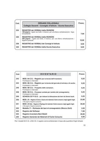11
Cod. ORGANI COLLEGIALI
Collegio Docenti - Consiglio d’Istituto - Giunta Esecutiva
224 REGISTRO dei VERBALI delle RIUNIONI
100 pagine - rigate uso bollo, in bianco, per una libera verbalizzazione - lega-
tura pesante
226 REGISTRO dei VERBALI delle RIUNIONI
200 pagine - rigate uso bollo, in bianco, per una libera verbalizzazione -
legatura pesante
228 REGISTRO dei VERBALI dei Consigli di Istituto
230 REGISTRO dei VERBALI della Giunta Esecutiva
Prezzo
7,00
10,00
8,00
8,00
Prezzo
0,25
0,25
0,25
0,25
0,25
23,00
20,00
3,50
7,00
20,00
8,00
Per i modelli 94 C.G. e 96 C.G. il registro verrà confezionato in base alla quantità di fogli richiesti.
Cod. I N V E N TA R I O
242 MOD. 94 C.G. - Registro per la tenuta dell’inventario;
Frontespizi e intercalari
244 MOD. 96 C.G. - Registro per la tenuta del giornale di entrata e di uscita;
Frontespizi e intercalari
246 MOD. 98 C.G. - Prospetto delle variazioni;
Frontespizi e intercalari
248 MOD. 99 C.G. - Processo verbale per cambio del consegnatario;
Frontespizi e intercalari
249 SCHEDA 227 P.G.S. - per indicare la dislocazione dei beni nei diversi locali;
250 MOD. 24 - Registro di Carico e Scarico del materiale di facile consumo e degli oggetto fragili;
(100 pagine rilegatura pesante)
251 MOD. 24 bis - Registro di Riepilogo del materiale di facile consumo e degli oggetto fragili;
(100 pagine rilegatura pesante)
252 Modello 71 - Richiesta dei beni al consegnatario (Blocco 25x3)
253 Registro del Softwear
254 Registro Inventario Beni Mobili
255 Registro Generale dei Materiali di Facile Consumo
 