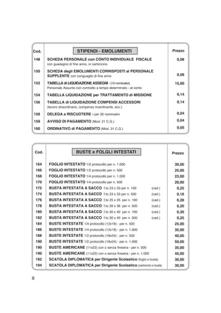 8
Cod. STIPENDI - EMOLUMENTI
148 SCHEDA PERSONALE con CONTO INDIVIDUALE FISCALE
con guadagno di fine anno, in cartoncino
150 SCHEDA degli EMOLUMENTI CORRISPOSTI al PERSONALE
SUPPLENTE con conguaglio di fine anno
152 TABELLA di LIQUIDAZIONE ASSEGNI - (10 nominativi)
Personale Assunto con contratto a tempo determinato - al cento
154 TABELLA LIQUIDAZIONE per TRATTAMENTO di MISSIONE
156 TABELLA di LIQUIDAZIONE COMPENSI ACCESSORI
(lavoro straordinario, compenso incentivante, ecc.)
158 DELEGA a RISCUOTERE - per 30 nominativi
159 AVVISO DI PAGAMENTO (Mod. 21 C.G.)
160 ORDINATIVO di PAGAMENTO (Mod. 31 C.G.)
Prezzo
0,08
0,08
15,00
0,14
0,14
0,04
0,04
0,05
Cod. BUSTE e FOLGLI INTESTATI
164 FOGLIO INTESTATO 1/2 protocollo per n. 1.000
166 FOGLIO INTESTATO 1/2 protocollo per n. 500
168 FOGLIO INTESTATO 1/4 protocollo per n. 1.000
170 FOGLIO INTESTATO 1/4 protocollo per n. 500
172 BUSTA INTESTATA A SACCO f.to 23 x 33 per n. 100 (cad.)
174 BUSTA INTESTATA A SACCO f.to 23 x 33 per n. 500 (cad.)
176 BUSTA INTESTATA A SACCO f.to 25 x 35 per n. 100 (cad.)
178 BUSTA INTESTATA A SACCO f.to 26 x 36 per n. 500 (cad.)
180 BUSTA INTESTATA A SACCO f.to 30 x 40 per n. 100 (cad.)
182 BUSTA INTESTATA A SACCO f.to 30 x 40 per n. 500 (cad.)
184 BUSTE INTESTATE 1/4 protocollo (12x18) - per n. 500
186 BUSTE INTESTATE 1/4 protocollo (12x18) - per n. 1.000
188 BUSTE INTESTATE 1/2 protocollo (18x24) - per n. 500
190 BUSTE INTESTATE 1/2 protocollo (18x24) - per n. 1.000
190 BUSTE AMERICANE (11x22) con o senza finestra - per n. 500
190 BUSTE AMERICANE (11x22) con o senza finestra - per n. 1.000
192 SCATOLA DIPLOMATICA per Dirigente Scolastico (foglio e busta)
194 SCATOLA DIPLOMATICA per Dirigente Scolastico (cartoncino e busta)
Prezzo
30,00
25,00
23,00
20,00
0,25
0,18
0,28
0,20
0,30
0,25
25,00
35,00
40,00
50,00
35,00
45,00
30,00
30,00
 