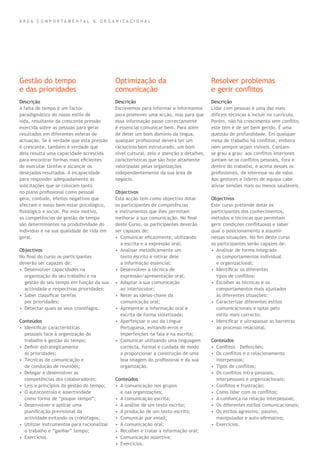 Descrição
A falta de tempo é um factor
paradigmático do nosso estilo de
vida, resultante da crescente pressão
exercida sobre as pessoas para gerar
resultados em diferentes esferas de
actuação. Se é verdade que esta pressão
é crescente, também é verdade que
dela resulta uma capacidade acrescida
para encontrar formas mais eﬁcientes
de executar tarefas e alcançar os
desejados resultados. A incapacidade
para responder adequadamente às
solicitações que se colocam tanto
no plano proﬁssional como pessoal
gera, contudo, efeitos negativos que
afectam o nosso bem-estar psicológico,
ﬁsiológico e social. Por este motivo,
as competências de gestão de tempo
são determinantes na produtividade do
indivíduo e na sua qualidade de vida em
geral.
Objectivos
No ﬁnal do curso os participantes
deverão ser capazes de:
• Desenvolver capacidades na
organização do seu trabalho e na
gestão do seu tempo em função da sua
actividade e respectivas prioridades;
• Saber classiﬁcar tarefas
por prioridades;
• Detectar quais os seus cronófagos.
Conteúdos
• Identiﬁcar características
pessoais face à organização do
trabalho e gestão do tempo;
• Deﬁnir estrategicamente
as prioridades;
• Técnicas de comunicação e
de condução de reuniões;
• Delegar e desenvolver as
competências dos colaboradores;
• Leis e princípios da gestão do tempo;
• O autocontrolo e assertividade
como forma de “poupar tempo”;
• Desenvolver e aplicar uma
planiﬁcação previsional da
actividade evitando os cronófagos;
• Utilizar instrumentos para racionalizar
o trabalho e “ganhar” tempo;
• Exercícios.
Descrição
Escrevemos para informar e informamos
para promover uma acção, mas para que
essa informação passe correctamente
é essencial comunicar bem. Para além
de deter um bom domínio da língua,
qualquer proﬁssional deverá ter um
raciocínio bem estruturado, um bom
nível cultural, zelo e atenção a detalhes,
características que são hoje altamente
valorizadas pelas organizações
independentemente da sua área de
negócio.
Objectivos
Esta acção tem como objectivo dotar
os participantes de competências
e instrumentos que lhes permitam
melhorar a sua comunicação. No ﬁnal
deste Curso, os participantes deverão
ser capazes de:
• Comunicar eﬁcazmente, utilizando
a escrita e a expressão oral;
• Analisar metodicamente um
texto escrito e retirar dele
a informação essencial;
• Desenvolver a técnica de
expressão/apresentação oral;
• Adaptar a sua comunicação
ao interlocutor;
• Reter as ideias-chave da
comunicação oral;
• Apresentar a informação oral e
escrita de forma sintetizada;
• Aperfeiçoar o uso da Língua
Portuguesa, evitando erros e
imperfeições na fala e na escrita;
• Comunicar utilizando uma linguagem
correcta, formal e cuidada de modo
a proporcionar a construção de uma
boa imagem do proﬁssional e da sua
organização.
Conteúdos
• A comunicação nos grupos
e nas organizações;
• A comunicação escrita;
• A análise de um texto escrito;
• A produção de um texto escrito;
• Comunicar por email;
• A comunicação oral;
• Recolher e tratar a informação oral;
• Comunicação assertiva;
• Exercícios.
Descrição
Lidar com pessoas é uma das mais
difíceis técnicas a incluir no currículo.
Porém, não há crescimento sem conﬂito,
este tem é de ser bem gerido. É uma
questão de profundidade. Em qualquer
mesa de trabalho há conﬂitos, embora
nem sempre sejam visíveis. Contam-
se grau a grau: aos conﬂitos interiores
juntam-se os conﬂitos pessoais, fora e
dentro do trabalho, e acima desses os
proﬁssionais, de interesse ou de valor.
Aos gestores e líderes de equipa cabe
aliviar tensões mais ou menos saudáveis.
Objectivos
Este curso pretende dotar os
participantes dos conhecimentos,
métodos e técnicas que permitam
gerir condições conﬂituosas e saber
qual o posicionamento a assumir
nessas situações. No ﬁm deste curso
os participantes serão capazes de:
• Analisar de forma integrada
os comportamentos individual
e organizacional;
• Identiﬁcar os diferentes
tipos de conﬂitos;
• Escolher as técnicas e os
comportamentos mais ajustados
às diferentes situações;
• Caracterizar diferentes estilos
comunicacionais e optar pelo
estilo mais correcto;
• Identiﬁcar e ultrapassar as barreiras
ao processo relacional.
Conteúdos
• Conﬂitos – Deﬁnições;
• Os conﬂitos e o relacionamento
interpessoal;
• Tipos de conﬂitos;
• Os conﬂitos intra-pessoais,
interpessoais e organizacionais;
• Conﬂitos e frustração;
• Como lidar com os conﬂitos;
• A conﬁança na relação interpessoal;
• Os diferentes estilos comunicacionais;
• Os estilos agressivo, passivo,
manipulador e auto-aﬁrmativo;
• Exercícios.
Gestão do tempo
e das prioridades
Optimização da
comunicação
Resolver problemas
e gerir conﬂitos
Á R E A C O M P O R T A M E N T A L & O R G A N I Z A C I O N A L
 