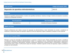 Catálogo Nacional de Cursos SENAI de Qualificação Profissional Básica




     Título do Curso                                                                                 Código da Ocupação (CBO)

     Reparador de aparelhos eletrodomésticos                                                         9542-05


     Sinônimos

     Mecânico de aparelhos eletrodoméstico; mecânico de aparelhos domésticos; mecânico de fogão; mecânico de lavadora e secadora;
     mecânico de refrigeração doméstica.


                         Área Ocupacional                                            Eixo Tecnológico

                           Eletroeletrônica                                   Controle e Processos Industriais


     Objetivo do Curso


     Preparar profissionais para realizar serviços de reparação de eletrodomésticos, testar intensidade de corrente e resistência de
     isolamento, confeccionar peças de reposição, seguindo normas de segurança, higiene, qualidade e proteção ao meio ambiente.



     Descrição da Ocupação (CBO)


     Planejam o serviço de reparação de eletrodomésticos e preparam o local do reparo. Testam intensidade de corrente e resistência
     de isolamento. Reparam aparelhos eletrodomésticos, rádios, tv e aparelhos de som, identificando especificações, selecionando
     instrumentos e ferramentas, desmontando, montando, substituindo, lubrificando e limpando peças e componentes e verificando o
     funcionamento após o reparo. Confeccionam peças de reposição. Trabalham seguindo normas de segurança, higiene, qualidade e
     proteção ao meio ambiente.




100 Eletroeletrônica
 