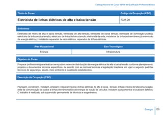 Catálogo Nacional de Cursos SENAI de Qualificação Profissional Básica



Título do Curso                                                                                               Código da Ocupação (CBO)

Eletricista de linhas elétricas de alta e baixa tensão                                                        7321-20


Sinônimos

Eletricista de redes de alta e baixa tensão; eletricista de alta-tensão; eletricista de baixa tensão; eletricista de iluminação pública;
eletricista de linha de alta-tensão; eletricista de linha de baixa tensão; eletricista de rede; instalador de linhas subterrâneas (transmissão
de energia elétrica); instalador-reparador de rede elétrica; reparador de linhas elétricas.


                 Área Ocupacional                                                         Eixo Tecnológico

                       Energia                                                               Infraestrutura


Objetivo do Curso

Preparar profissionais para realizar serviços em redes de distribuição de energia elétrica de alta e baixa tensão conforme planejamento,
projetos e documentos técnicos específicos, de acordo com as normas técnicas e legislação brasileira em vigor e segundo padrões
técnicos de segurança, saúde, meio ambiente e qualidade estabelecidos.


Descrição da Ocupação (CBO)



Planejam, constróem , instalam, ampliam e reparam redes e linhas elétricas de alta e baixa - tensão, linhas e redes de telecomunicação,
rede de comunicação de dados e linhas de transmissão de energia de tração de veículos. Instalam equipamentos e localizam defeitos.
O trabalho é realizado sob supervisão permanente de técnicos e engenheiros.




                                                                                                                                          Energia        105
 
