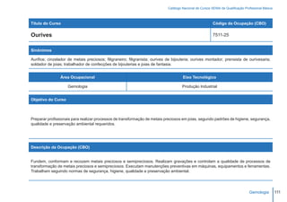 Catálogo Nacional de Cursos SENAI de Qualificação Profissional Básica



Título do Curso                                                                                           Código da Ocupação (CBO)

Ourives                                                                                                   7511-25


Sinônimos

Aurifice; cinzelador de metais preciosos; filigraneiro; filigranista; ourives de bijouteria; ourives montador; prensista de ourivesaria;
soldador de joias; trabalhador de confecções de bijouterias e joias de fantasia.


                Área Ocupacional                                                      Eixo Tecnológico

                    Gemologia                                                         Produção Industrial


Objetivo do Curso



Preparar profissionais para realizar processos de transformação de metais preciosos em joias, segundo padrões de higiene, segurança,
qualidade e preservação ambiental requeridos.




Descrição da Ocupação (CBO)


Fundem, conformam e recozem metais preciosos e semipreciosos. Realizam gravações e controlam a qualidade de processos de
transformação de metais preciosos e semipreciosos. Executam manutenções preventivas em máquinas, equipamentos e ferramentas.
Trabalham seguindo normas de segurança, higiene, qualidade e preservação ambiental.




                                                                                                                                  Gemologia          111
 