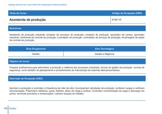 Catálogo Nacional de Cursos SENAI de Qualificação Profissional Básica



    Título do Curso                                                                                   Código da Ocupação (CBO)

    Assistente de produção                                                                            4142-10


    Sinônimos

    Assistente de produção industrial; anotador de processo de produção; anotador de produção; apontador de campo; apontador
    industrial, conferente de controle de produção, controlador de produção, controlador de serviços de produção, encarregado de seção
    de controle de produção.


                        Área Ocupacional                                              Eixo Tecnológico

                               Gestão                                                 Gestão e Negócios


    Objetivo do Curso

    Preparar profissionais para administrar a produção e melhoria dos processos industriais, formas de gestão da produção, normas de
    segurança, como também do planejamento e procedimentos da manutenção de sistemas eletropneumáticos.


    Descrição da Ocupação (CBO)



    Apontam a produção e controlam a frequência de mão de obra. Acompanham atividades de produção, conferem cargas e verificam
    documentação. Preenchem relatórios, guias, boletins, plano de carga e recibos. Controlam movimentação de carga e descarga nos
    portos, terminais portuários e embarcações. Lideram equipes de trabalho.




116 Gestão
 