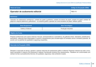 Catálogo Nacional de Cursos SENAI de Qualificação Profissional Básica



Título do Curso                                                                                          Código da Ocupação (CBO)

Operador de acabamento editorial                                                                         7663-15


Sinônimos

Operador de acabamento cartotécnico; cortador de papel à guilhotina; cortador de bobina de papel; cortador de papel; cortador de
papel em máquina eletrônica; guilhotineiro - na indústria gráfica; operador de corta-riscadeira de papel; refilador gráfico


                Área Ocupacional                                                     Eixo Tecnológico

                  Gráfica e Editorial                                                Produção Industrial


Objetivo do Curso

Preparar profissionais para operar sistemas manuais, semiautomáticos e automáticos, de guilhotina linear, dobradeira, plastificadora,
laminadora, máquinas para estampagem a quente e equipamentos para encadernação em lombada canoa e lombada quadrada, de
acordo com os padrões de qualidade e segurança requeridos.


Descrição da Ocupação (CBO)



Planejam a execução do serviço, ajustam e operam máquinas de acabamento gráfico e editorial. Preparam matrizes de corte e vinco,
fazem gravações a máquina (hot-stamping) e realizam manutenção produtiva dos equipamentos. Trabalham em conformidade com
estritas normas e procedimentos técnicos, de qualidade, segurança, meio ambiente e saúde.




                                                                                                                         Gráfica e Editorial        129
 