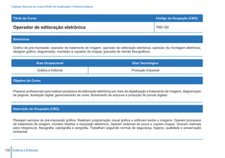 Catálogo Nacional de Cursos SENAI de Qualificação Profissional Básica



     Título do Curso                                                                                      Código da Ocupação (CBO)

     Operador de editoração eletrônica                                                                    7661-50


     Sinônimos

     Gráfico de pré-impressão; operador de tratamento de imagem; operador de editoração eletrônica; operador de montagem eletrônica;
     designer gráfico; diagramador; montador e copiador de chapas; gravador de clichês flexográficos.


                         Área Ocupacional                                                 Eixo Tecnológico

                          Gráfica e Editorial                                            Produção Industrial


     Objetivo do Curso


     Preparar profissionais para realizar processos de editoração eletrônica por meio de digitalização e tratamento de imagens, diagramação
     de páginas, ilustração digital, gerenciamento de cores, fechamento de arquivos e produção de provas digitais.



     Descrição da Ocupação (CBO)


     Planejam serviços de pré-impressão gráfica. Realizam programação visual gráfica e editoram textos e imagens. Operam processos
     de tratamento de imagem, montam fotolitos e imposição eletrônica. Operam sistemas de prova e copiam chapas. Gravam matrizes
     para rotogravura, flexografia, calcografia e serigrafia. Trabalham seguindo normas de segurança, higiene, qualidade e preservação
     ambiental.




130 Gráfica e Editorial
 