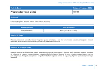 Catálogo Nacional de Cursos SENAI de Qualificação Profissional Básica



Título do Curso                                                                                           Código da Ocupação (CBO)

Programador visual gráfico                                                                                7661-55


Sinônimos


Computação gráfica; designer gráfico; editor gráfico; photoshop.



                Área Ocupacional                                                      Eixo Tecnológico

                  Gráfica e Editorial                                            Produção Cultural e Design


Objetivo do Curso


Preparar profissionais para editar textos, imagens e figuras, gerar layout e arte final para revistas, folders e jornais para o mercado
gráfico em geral utilizando programas de computação e procedimentos técnicos.



Descrição da Ocupação (CBO)


Planejam serviços de pré-impressão gráfica. Realizam programação visual gráfica e editoram textos e imagens. Operam processos
de tratamento de imagem, montam fotolitos e imposição eletrônica. Operam sistemas de prova e copiam chapas. Gravam matrizes
para rotogravura, flexografia, calcografia e serigrafia. Trabalham seguindo normas de segurança, higiene, qualidade e preservação
ambiental.




                                                                                                                          Gráfica e Editorial        131
 