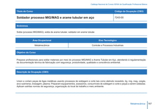 Catálogo Nacional de Cursos SENAI de Qualificação Profissional Básica



Título do Curso                                                                                       Código da Ocupação (CBO)

Soldador processo MIG/MAG e arame tubular em aço                                                      7243-00


Sinônimos

Solda (processo MIG/MAG); solda de arame tubular; soldador em arame tubular.


               Área Ocupacional                                                   Eixo Tecnológico

                  Metalmecânica                                           Controle e Processos Industriais


Objetivo do Curso


Preparar profissionais para soldar materiais por meio do processo MIG/MAG e Arame Tubular em Aço, atendendo à regulamentação
da documentação técnica de fabricação com segurança, produtividade, qualidade e consciência ambiental.



Descrição da Ocupação (CBO)



Unem e cortam peças de ligas metálicas usando processos de soldagem e corte tais como eletrodo revestido, tig, mig, mag, oxigás,
arco submerso, brasagem, plasma. Preparam equipamentos, acessórios, consumíveis de soldagem e corte e peças a serem soldadas.
Aplicam estritas normas de segurança, organização do local de trabalho e meio ambiente.




                                                                                                                         Metalmecânica           167
 