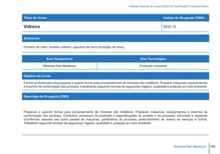 Catálogo Nacional de Cursos SENAI de Qualificação Profissional Básica



Título do Curso                                                                                             Código da Ocupação (CBO)

Vidreiro                                                                                                    8232-15


Sinônimos

Forneiro de vidro; fundidor vidreiro; operador de forno (fundição de vidro).


                Área Ocupacional                                                        Eixo Tecnológico

              Minerais Não Metálicos                                                    Produção Industrial


Objetivo do Curso

Formar profissionais para preparar e operar fornos para processamento de minerais não metálicos. Preparar máquinas, equipamentos
e insumos de conformação dos produtos, trabalhando seguindo normas de segurança, higiene, qualidade e proteção ao meio ambiente.


Descrição da Ocupação (CBO)




Preparam e operam fornos para processamento de minerais não metálicos. Preparam máquinas, equipamentos e insumos de
conformação dos produtos. Controlam processos de produção e especificações do produto e do processo. Informam e registram
ocorrências setoriais tais como parada de máquinas, parâmetros do processo, preenchimento de ordens de serviços e outras.
Trabalham seguindo normas de segurança, higiene, qualidade e proteção ao meio ambiente.




                                                                                                                     Minerais Não Metálicos            189
 