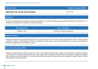 Catálogo Nacional de Cursos SENAI de Qualificação Profissional Básica



     Título do Curso                                                                                       Código da Ocupação (CBO)

     Operador de sonda de produção                                                                         7113-15


     Sinônimos

     Condutor de perfuradora de precisão; operador de aparelho de sonda por rotação (poço de petróleo); operador de compressor - na
     extração de petróleo e gás; operador de extração (petróleo).


                        Área Ocupacional                                                  Eixo Tecnológico

                          Petróleo e Gás                                           Controle e Processos Industriais


     Objetivo do Curso

     Preparar profissionais para realizar pesquisa sísmica, perfurar poços em terra e mar; avaliar área perfurada; extrair minerais líquidos
     e gasosos; realizar o processamento primário de separação de óleo, água e gás em conformidade com normas e procedimentos
     técnicos, de segurança, meio ambiente e saúde.


     Descrição da Ocupação (CBO)


     Realizam pesquisa sísmica, perfuram poços em terra e mar. Avaliam área perfurada; extraem minerais líquidos e gasosos; realizam
     o processamento primário de separação de óleo, água e gás. Para a realização das atividades são utilizadas e emitidas informações
     orais e escritas em conformidade com normas e procedimentos técnicos, de segurança, meio ambiente e saúde. Podem ministrar
     treinamentos no local de trabalho.




196 Petróleo e Gás
 