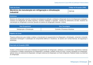 Catálogo Nacional de Cursos SENAI de Qualificação Profissional Básica



Título do Curso                                                                                             Código da Ocupação (CBO)

Mecânico de manutenção em refrigeração e climatização
                                                                                                            7257-05
industrial

Sinônimos

Mecânico de refrigeração industrial; montador de instalação de calefação; ventilação e refrigeração; técnico de refrigeração (instalação);
mecânico de refrigeração de balcão frigorífico; mecânico instalador e reparador tanques de resfriamento de leite; mecânico de
manutenção em refrigeração comercial; operador de sistema de refrigeração industrial - amônia.


                 Área Ocupacional                                                       Eixo Tecnológico

            Refrigeração e Climatização                                         Controle e Processos Industriais


Objetivo do Curso

Preparar profissionais para instalar e realizar a manutenção em equipamentos de refrigeração e climatização, comercial e industrial,
executando montangem e substituição de componentes elétricos e mecânicos, de acordo com normas técnicas, de segurança e
ambientais.


Descrição da Ocupação (CBO)


Avaliam e dimensionam locais para instalação de equipamentos de refrigeração, calefação e ar-condicionado. Especificam materiais
e acessórios e instalam equipamentos de refrigeração e ventilação. Instalam ramais de dutos, montam tubulações de refrigeração,
aplicam vácuo em sistemas de refrigeração. Carregam sistemas de refrigeração com fluido refrigerante. Realizam testes nos sistemas
de refrigeração.




                                                                                                                Refrigeração e Climatização            215
 