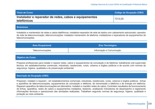 Catálogo Nacional de Cursos SENAI de Qualificação Profissional Básica



Título do Curso                                                                                         Código da Ocupação (CBO)

Instalador e reparador de redes, cabos e equipamentos
                                                                                                        7313-25
telefônicos

Sinônimos

Instalador e mantenedor de redes e cabos telefônicos; instalador-reparador de rede de dados com cabeamento estruturado; operador
de rede de telecomunicação; telecomunicações; instalador mantenedor de telefonia; instaladores e reparadores de equipamentos de
telecomunicações.


                Área Ocupacional                                                    Eixo Tecnológico

                  Telecomunicações                                             Informação e Comunicação


Objetivo do Curso

Preparar profissionais para instalar e reparar redes, cabos e equipamentos de comutação e de telefonia, trabalhando sob supervisão
técnica, em estabelecimentos comerciais, industriais, residenciais, rurais, urbanos e órgãos públicos e de acordo com normas de
segurança, higiene, qualidade e de preservação ambiental.


Descrição da Ocupação (CBO)

Preparam, instalam e reparam - em estabelecimentos comerciais, industriais, residenciais, rurais, urbanos e órgãos públicos - linhas
e aparelhos de telecomunicações, equipamentos de comutação e telefonia, de transmissão e telefonia e de energia em telefonia.
Reparam aparelhos de telecomunicações em laboratório. Instalam e mantêm redes de cabos. Controlam resultados de funcionamento
de linhas, aparelhos, redes de cabos e equipamentos instalados, testando, analisando indicadores de desempenho e registrando
informações técnicas e operacionais das atividades realizadas. Trabalham seguindo normas de segurança, higiene, qualidade e
proteção ao meio ambiente.



                                                                                                                       Telecomunicações            235
 