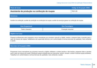 Catálogo Nacional de Cursos SENAI de Qualificação Profissional Básica



Título do Curso                                                                                         Código da Ocupação (CBO)

Assistente de produção na confecção de roupas                                                           7631-25


Sinônimos


Auxiliar de confecção; auxiliar de produção na confecção de roupas; auxiliar de serviços gerais na confecção de roupas.



                Área Ocupacional                                                    Eixo Tecnológico

                  Têxtil e Vestuário                                                Produção Industrial


Objetivo do Curso

Preparar profissionais para programar riscos marcadores por processo manual ou digital, manter e preparar lotes e pacotes para o
setor de costura de roupas, trabalhando sob supervisão técnica e em conformidade a normas técnicas de qualidade, meio ambiente
e saúde.


Descrição da Ocupação (CBO)



Programam riscos marcadores por processo manual ou digital, enfestam e cortam tecidos e não tecidos, preparam lotes e pacotes
para o setor de costura de roupas. Distribuem peças cortadas para as costureiras, retiram, revisam, contam e dobram peças acabadas.
Trabalham em conformidade a normas técnicas de qualidade, meio ambiente e saúde.




                                                                                                                         Têxtil e Vestuário        239
 