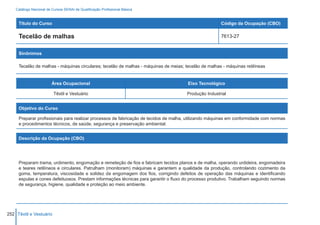 Catálogo Nacional de Cursos SENAI de Qualificação Profissional Básica


     Título do Curso                                                                                  Código da Ocupação (CBO)

     Tecelão de malhas                                                                                7613-27


     Sinônimos

     Tecelão de malhas - máquinas circulares; tecelão de malhas - máquinas de meias; tecelão de malhas - máquinas retilíneas


                         Área Ocupacional                                             Eixo Tecnológico

                          Têxtil e Vestuário                                          Produção Industrial


     Objetivo do Curso

     Preparar profissionais para realizar processos de fabricação de tecidos de malha, utilizando máquinas em conformidade com normas
     e procedimentos técnicos, de saúde, segurança e preservação ambiental.


     Descrição da Ocupação (CBO)




     Preparam trama, urdimento, engomação e remeteção de fios e fabricam tecidos planos e de malha, operando urdideira, engomadeira
     e teares retilíneos e circulares. Patrulham (monitoram) máquinas e garantem a qualidade da produção, controlando cozimento da
     goma, temperatura, viscosidade e solidez da engomagem dos fios, corrigindo defeitos de operação das máquinas e identificando
     espulas e cones defeituosos. Prestam informações técnicas para garantir o fluxo do processo produtivo. Trabalham seguindo normas
     de segurança, higiene, qualidade e proteção ao meio ambiente.




252 Têxtil e Vestuário
 
