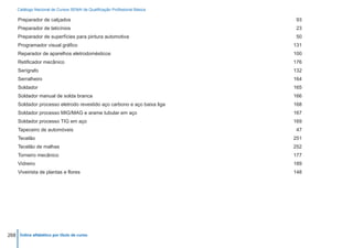 Catálogo Nacional de Cursos SENAI de Qualificação Profissional Básica

     Preparador de calçados	                                                 93
     Preparador de laticínios	                                               23
     Preparador de superfícies para pintura automotiva	                      50
     Programador visual gráfico	                                            131
     Reparador de aparelhos eletrodomésticos	                               100
     Retificador mecânico	                                                  176
     Serígrafo	                                                             132
     Serralheiro	                                                           164
     Soldador	                                                              165
     Soldador manual de solda branca	                                       166
     Soldador processo eletrodo revestido aço carbono e aço baixa liga	     168
     Soldador processo MIG/MAG e arame tubular em aço	                      167
     Soldador processo TIG em aço	                                          169
     Tapeceiro de automóveis	                                                47
     Tecelão	                                                               251
     Tecelão de malhas	                                                     252
     Torneiro mecânico	                                                     177
     Vidreiro	                                                              189
     Viveirista de plantas e flores	                                        148




268 Índice alfabético por título de curso
 