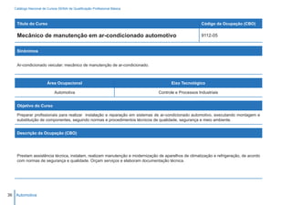 Catálogo Nacional de Cursos SENAI de Qualificação Profissional Básica



    Título do Curso                                                                                  Código da Ocupação (CBO)

    Mecânico de manutenção em ar-condicionado automotivo                                             9112-05


    Sinônimos


    Ar-condicionado veicular; mecânico de manutenção de ar-condicionado.



                        Área Ocupacional                                             Eixo Tecnológico

                            Automotiva                                        Controle e Processos Industriais


    Objetivo do Curso

    Preparar profissionais para realizar instalação e reparação em sistemas de ar-condicionado automotivo, executando montagem e
    substituição de componentes, seguindo normas e procedimentos técnicos de qualidade, segurança e meio ambiente.


    Descrição da Ocupação (CBO)




    Prestam assistência técnica, instalam, realizam manutenção e modernização de aparelhos de climatização e refrigeração, de acordo
    com normas de segurança e qualidade. Orçam serviços e elaboram documentação técnica.




36 Automotiva
 