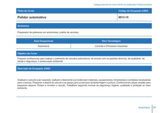 Catálogo Nacional de Cursos SENAI de Qualificação Profissional Básica


Título do Curso                                                                                         Código da Ocupação (CBO)

Polidor automotivo                                                                                      9913-15


Sinônimos

Preparador de polimento em automóveis, polidor de veículos.


                Área Ocupacional                                                    Eixo Tecnológico

                    Automotiva                                              Controle e Processos Industriais


Objetivo do Curso

Preparar profissionais para realizar o polimento de veículos automotivos, de acordo com os padrões técnicos, de qualidade, de
saúde e segurança, e preservação ambiental


Descrição da Ocupação (CBO)




Analisam o veículo a ser reparado, realizam o desmonte e providenciam materiais, equipamentos, ferramentas e condições necessárias
para o serviço. Preparam a lataria do veículo e as peças para os serviços de lanternagem e pintura. Confeccionam peças simples para
pequenos reparos. Pintam e montam o veículo. Trabalham seguindo normas de segurança, higiene, qualidade e proteção ao meio
ambiente.




                                                                                                                                Automotiva         51
 
