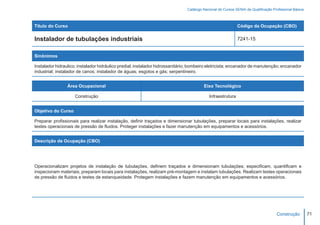 Catálogo Nacional de Cursos SENAI de Qualificação Profissional Básica



Título do Curso                                                                                             Código da Ocupação (CBO)

Instalador de tubulações industriais                                                                        7241-15


Sinônimos

Instalador hidraulico; instalador hidráulico predial; instalador hidrossanitário; bombeiro eletricista; encanador de manutenção; encanador
industrial; instalador de canos; instalador de águas; esgotos e gás; serpentineiro.


                 Área Ocupacional                                                       Eixo Tecnológico

                    Construção                                                             Infraestrutura


Objetivo do Curso

Preparar profissionais para realizar instalação, definir traçados e dimensionar tubulações, preparar locais para instalações, realizar
testes operacionais de pressão de fluidos. Proteger instalações e fazer manutenção em equipamentos e acessórios.


Descrição da Ocupação (CBO)




Operacionalizam projetos de instalação de tubulações, definem traçados e dimensionam tubulações; especificam, quantificam e
inspecionam materiais; preparam locais para instalações, realizam pré-montagem e instalam tubulações. Realizam testes operacionais
de pressão de fluidos e testes de estanqueidade. Protegem instalações e fazem manutenção em equipamentos e acessórios.




                                                                                                                                    Construção         71
 