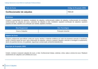 Catálogo Nacional de Cursos SENAI de Qualificação Profissional Básica



    Título do Curso                                                                                  Código da Ocupação (CBO)

    Confeccionador de calçados                                                                       7683-20


    Sinônimos

    Cortador e pespontador de calçados; modelador de calçados; confeccionador eclético de calçados; confeccionador de sandálias;
    confeccionador de calçados de couro; costurador de calçados à mão; modelador; sapateiro (confecção de calçados); sapateiro
    (sapatos de balé); sapateiro de confecção sob medida; sapateiro montador.


                        Área Ocupacional                                             Eixo Tecnológico

                        Couro e Calçados                                             Produção Industrial


    Objetivo do Curso

    Preparar profissionais para efetuar cortes em couros, tecidos e materiais sintéticos por meio de processos manuais e mecânicos,
    dividir e chanfrar peças de couro, para a fabricação de calçados, costurar e preparar calçados, executar a montagem e acabamento,
    dentro de padrões técnicos, de qualidade, segurança e preservação ambiental estabelecidos.


    Descrição da Ocupação (CBO)



    Cortam, montam e costuram calçados de couro, a mão. Confeccionam bolsas, carteiras, cintos, selas e arreios de couro. Realizam
    acabamento em calçados e em artefatos de couro.




86 Couro e Calçados
 