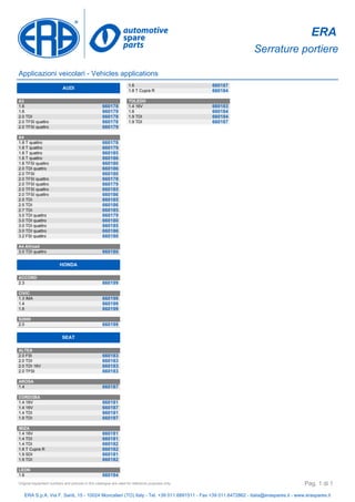 ERA
Serrature portiere
Applicazioni veicolari - Vehicles applications
AUDI
A3
1.6 660178
1.6 660179
2.0 TDI 660178
2.0 TFSI quattro 660178
2.0 TFSI quattro 660179
A4
1.8 T quattro 660178
1.8 T quattro 660179
1.8 T quattro 660185
1.8 T quattro 660186
1.8 TFSI quattro 660180
2.0 TDI quattro 660186
2.0 TFSI 660180
2.0 TFSI quattro 660178
2.0 TFSI quattro 660179
2.0 TFSI quattro 660185
2.0 TFSI quattro 660186
2.5 TDI 660185
2.5 TDI 660186
2.7 TDI 660185
3.0 TDI quattro 660179
3.0 TDI quattro 660180
3.0 TDI quattro 660185
3.0 TDI quattro 660186
3.2 FSI quattro 660180
A4 Allroad
3.0 TDI quattro 660180
HONDA
ACCORD
2.3 660199
CIVIC
1.3 IMA 660199
1.4 660199
1.6 660199
S2000
2.0 660199
SEAT
ALTEA
2.0 FSI 660183
2.0 TDI 660183
2.0 TDI 16V 660183
2.0 TFSI 660183
AROSA
1.4 660187
CORDOBA
1.4 16V 660181
1.4 16V 660187
1.4 TDI 660181
1.9 TDI 660187
IBIZA
1.4 16V 660181
1.4 TDI 660181
1.4 TDI 660182
1.8 T Cupra R 660182
1.9 SDI 660181
1.9 TDI 660182
LEON
1.6 660184
1.6 660187
1.8 T Cupra R 660184
TOLEDO
1.4 16V 660183
1.6 660184
1.9 TDI 660184
1.9 TDI 660187
ERA S.p.A. Via F. Santi, 15 - 10024 Moncalieri (TO) Italy - Tel. +39 011.6891511 - Fax +39 011.6472862 - italia@eraspares.it - www.eraspares.it
Original equipment numbers and pictures in this catalogue are used for reference purposes only. Pag. 1 di 1
 
