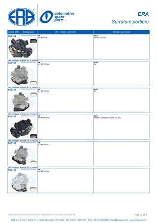 ERA
Serrature portiere
Codice ERA Sottogruppo OE / Codice confronto Montato sui veicoli
660184 SERRATURA PORTIERA VW
3B1 837 015
SEAT
LEON, TOLEDO
Lato montaggio: anteriore Sx, N° raccordi: 8
660185 SERRATURA PORTIERA VW
8E1 837 015 AA
AUDI
A4
Lato montaggio: anteriore Sx, N° raccordi: 9
660186 SERRATURA PORTIERA VW
8E1 837 016 AA
AUDI
A4
Lato montaggio: anteriore Dx, N° raccordi: 7
660187 SERRATURA PORTIERA VW
3B1 837 016 AD
SEAT
AROSA, CORDOBA, LEON, TOLEDO
Lato montaggio: anteriore Dx, N° raccordi: 8
660188 SERRATURA PORTIERA VW
3C2 837 015 A
Lato montaggio: anteriore Sx, N° raccordi: 7
660189 SERRATURA PORTIERA VW
8E2 837 015 AA
ERA S.p.A. Via F. Santi, 15 - 10024 Moncalieri (TO) Italy - Tel. +39 011.6891511 - Fax +39 011.6472862 - italia@eraspares.it - www.eraspares.it
Original equipment numbers and pictures in this catalogue are used for reference purposes only. Pag. 2 di 4
 