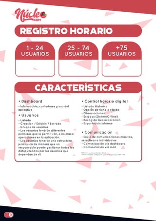 REGISTRO HORARIO
1 - 24
USUARIOS
+75
USUARIOS
25 - 74
USUARIOS
• Dashboard
- Información, contadores y uso del
aplicativo
• Usuarios
- Listado
- Creación / Edición / Borrado
- Grupos de usuarios
- Los usuarios tendrán diferentes
permisos que le permitirán, o no, hacer
operaciones en la aplicación.
- Los usuarios tendrán una estructura
jerárquica de manera que un
responsable puede gestionar todos los
datos creados por los usuarios que
dependan de él.
• Control horario digital
- Listado Historíco
- Opción de fichaje rápido
- Observaciones
- Estados (Online/Offline)
- Recogida Geolocalización
- Exportación informe
• Comunicación
- Envío de comunicaciones masivas,
selectivas o individuales
- Comunicación vía dashboard
- Comunicación vía mail
CARACTERÍSTICAS
* Mínimo 5 usuarios contratados al mes
 