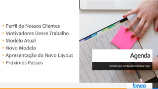 • Perfil de Nossos Clientes
• Motivadores Desse Trabalho
• Modelo Atual
• Novo Modelo
• Apresentação do Novo Layout
• Próximos Passos
2
Agenda
Temas que serão abordados hoje
 