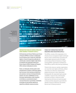 32 CATÁLOGO DE SERVIÇOS
SERVICES CATALOGUE
INFRAESTRUTURA DE CHAVES PÚBLICAS
PARA ENSINO E PESQUISA (ICPEDU)
A Infraestrutura de Chaves Públicas para Ensino
e Pesquisa (ICPEdu) consiste na implantação
de uma estrutura para criação de certiﬁcados
digitais e chaves de segurança aplicados em
autenticação, assinatura digital e sigilo dentro
do ambiente das Instituições Federais de
Ensino Superior (IFES), Unidades de Pesquisa
(UPs) e demais instituições de ensino.
Assim, as instituições clientes podem emitir
gratuitamente os próprios certiﬁcados digitais,
que funcionam como assinaturas eletrônicas
para pessoas e serviços. Consequentemente,
passam a ter mais credibilidade em seus
processos administrativos, além de ganhar
em eﬁciência, economizando tempo e
recursos ﬁnanceiros e garantindo a identidade
do portador de documentos eletrônicos
especíﬁcos utilizados nesses processos.
PUBLIC KEY INFRASTRUCTURE FOR
RESEARCH AND EDUCATION (ICPEDU)
The ICPEdu consists of the implantation of an
infrastructure to management digital certiﬁcates
that are used in authentication processes and
making digital signatures within the digital
environment of Federal Institutions of Upper
Learning (IFES), organizations and Research
Units (RUs) as well as other learning institutions
Thanks to this resource, member organizations
can issue their own digital certiﬁcates, without
cost, that act as electronic signatures for
people and services in their organization.
Consequently, the organization gains greater
credibility in regard to their administrative
processes and gains in efﬁciency while
reducing time and ﬁnancial resources spent
on these activities designed to guarantee the
identity of issuers of electronic documents
that are part of these procedures.
As instituições
ganham em
credibilidade com
esse serviço
Member institutions
achieve greater
credibility thanks
to this service
 