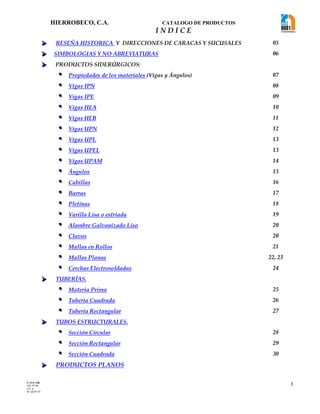HIERROBECO, C.A. CATALOGO DE PRODUCTOS 
3 
I N D I C E 
 RESEÑA HISTORICA Y DIRECCIONES DE CARACAS Y SUCUSALES 05 
  SIMBOLOGIAS Y NO ABREVIATURAS 06 
  PRODUCTOS SIDERÚRGICOS: 
 Propiedades de los materiales (Vigas y Ángulos) 07 
 Vigas IPN 08 
 Vigas IPE 09 
 Vigas HEA 10 
 Vigas HEB 11 
 Vigas UPN 12 
 Vigas UPL 13 
 Vigas UPEL 13 
 Vigas UPAM 14 
 Ángulos 15 
 Cabillas 16 
 Barras 17 
 Pletinas 18 
 Varilla Lisa o estriada 19 
 Alambre Galvanizado Liso 20 
 Clavos 20 
 Mallas en Rollos 21 
 Mallas Planas 22, 23 
 Cerchas Electrosoldadas 24 
  TUBERÍAS. 
 Materia Prima 25 
 Tubería Cuadrada 26 
 Tubería Rectangular 27 
  TUBOS ESTRUCTURALES. 
 Sección Circular 28 
 Sección Rectangular 29 
 Sección Cuadrada 30 
  PRODUCTOS PLANOS 
F-AVE-100 
EM: 07/00 
CD: 0 
RI: 05-05-07 
 