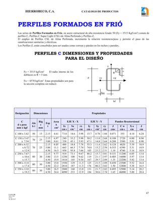HIERROBECO, C.A. CATALOGO DE PRODUCTOS 
47 
PERFILES FORMADOS EN FRIÓ 
Las series de Perfiles Formados en Frío, en acero estructural de alta resistencia Grado 50 (Fy = 3515 Kgf/cm²) consta de 
perfiles C, Perfiles C Super Light (CSL) de Alma Perforada y Perfiles Z. 
El empleo de Perfiles CSL de Alma Perforada, incrementa la relación resistencia/peso y permite el paso de las 
canalizaciones sanitarias y eléctricas. 
Los Perfiles Z, están concebidos para ser usados como correas y párales en los techos y paredes. 
PERFILES C DIMENSIONES Y PROPIEDADES 
PARA EL DISEÑO 
Designación Dimensiones Propiedades 
C 
d x peso 
mm x kgf 
Ala 
b t 
Rig 
c 
mm 
Esp 
t 
Area 
A 
cm² 
EJE X - X EJE Y - Y Pandeo flexotorsional 
Ix 
cm 4 
Sx 
cm ³ 
rx 
cm 
Iy 
cm 4 
Sy 
cm³ 
ry 
cm 
J 
cm4 
C w 
cm 6 
X o 
cm 
J 
cm 
C 100 x 3.62 50 15 2.15 4.61 73.0 14.6 3.98 15.7 4.78 1.84 0.071 355 4.14 6.24 
C 150 x 5.47 
x 7.54 
70 25 
2.15 
3.00 
6.97 
9.61 
249 
338 
33.2 
45.1 
5.98 
5.93 
50.2 
67.1 
11.0 
14.8 
2.68 
2.64 
0.108 
0.288 
2720 
3580 
6.00 
5.91 
8.94 
8.90 
C 200 x 6.32 
x 8.72 
x 12.8 
70 25 
2.15 
3.00 
4.50 
8.05 
11.1 
16.3 
488 
665 
958 
18.8 
66.5 
95.8 
7.78 
7.74 
7.66 
55.3 
74.0 
103 
11.4 
15.2 
21.2 
2.62 
2.58 
2.51 
0.124 
0.333 
1.10 
4820 
6390 
8740 
5.39 
5.31 
5.16 
10.9 
10.9 
10.9 
C 250 x 7.67 
x 10.6 
x 15.7 
80 30 
2.15 
3.00 
4.50 
9.77 
13.5 
19.9 
914 
1250 
1810 
73.1 
100 
145 
9.67 
9.62 
9.54 
88.2 
119 
167 
15.7 
21.1 
29.7 
3.01 
2.97 
2.89 
0.151 
0.405 
1.35 
11200 
16000 
22200 
6.05 
5.97 
5.82 
13.4 
13.4 
13.4 
C 300 x 11.8 
x 17.4 
80 30 
3.00 
4.50 
15.0 
22.2 
1930 
2810 
129 
187 
11.3 
11.3 
125 
176 
21.5 
80.2 
2.89 
2.82 
0.450 
1.50 
23500 
32800 
5.52 
5.38 
16.4 
16.5 
C 350 x 13.0 
x 19.2 
80 30 
3.00 
4.50 
16.5 
24.4 
2800 
4090 
160 
233 
13.0 
12.9 
131 
184 
21.7 
30.6 
2.82 
2.74 
0.495 
1.65 
32900 
46000 
5.14 
5.00 
20.2 
20.4 
Fy = 3515 kgf/cm² El radio interno de los 
dobleces es R = 3 mm. 
Fu = 4570 kgf/cm² Estas propiedades son para 
la sección completa sin reducir. 
Xo 
y 
c 
d cc cg 
bf 
t 
R 
F-AVE-100 
EM: 07/00 
CD: 0 
RI: 05-05-07 
 