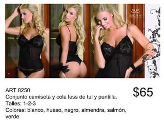 ART.8250 Conjunto camiseta y cola less de tul y puntilla. Talles: 1-2-3 Colores: blanco, hueso, negro, almendra, salmón, verde   $65 