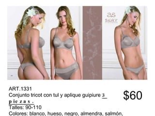 ART.1331 Conjunto tricot con tul y aplique guipiure  3 piezas. Talles: 90-110 Colores: blanco, hueso, negro, almendra, salmón, verde. $60 