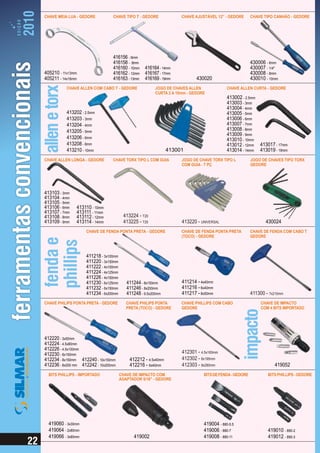 CHAVE MEIA LUA - GEDORE          CHAVE TIPO T - GEDORE               CHAVE AJUSTÁVEL 12” - GEDORE       CHAVE TIPO CANHÃO - GEDORE




                                 416156 - 6mm
                                 416158 - 8mm                                                           430006 - 6mm
                                 416160 - 10mm     416164 - 14mm                                        430007 - 1/4"
405210 - 11x13mm                 416162 - 12mm     416167 - 17mm                                        430008 - 8mm
405211 - 14x16mm                 416163 - 13mm     416169 - 19mm            430020                      430010 - 10mm
           CHAVE ALLEN COM CABO T - GEDORE               JOGO DE CHAVES ALLEN              CHAVE ALLEN CURTA - GEDORE
                                                         CURTA 2 A 10mm - GEDORE
                                                                                           413002 - 2.5mm
                                                                                           413003 - 3mm
                                                                                           413004 - 4mm
           413202 - 2.5mm                                                                  413005 - 5mm
           413203 - 3mm                                                                    413006 - 6mm
           413204 - 4mm                                                                    413007 - 7mm
           413205 - 5mm                                                                    413008 - 8mm
                                                                                           413009 - 9mm
           413206 - 6mm                                                                    413010 - 10mm
           413208 - 8mm                                                                    413012 - 12mm 413017 - 17mm
           413210 - 10mm                                       413001                      413014 - 14mm 413019 - 19mm
CHAVE ALLEN LONGA - GEDORE       CHAVE TORX TIPO L COM GUIA          JOGO DE CHAVE TORX TIPO L          JOGO DE CHAVES TIPO TORX
                                                                     COM GUIA - 7 PÇ                    GEDORE




413103 - 3mm
413104 - 4mm
413105 - 5mm
413106 - 6mm   413110 - 10mm
413107 - 7mm   413111 - 11mm
413108 - 8mm   413112 - 12mm            413224 - T20
413109 - 9mm   413114 - 14mm            413225 - T25                 413220 - UNIVERSAL                        430024
                    CHAVE DE FENDA PONTA PRETA - GEDORE              CHAVE DE FENDA PONTA PRETA         CHAVE DE FENDA COM CABO T
                                                                     (TOCO) - GEDORE                    GEDORE



                    411218 - 3x100mm
                    411220 - 3x150mm
                    411222 - 4x100mm
                    411224 - 4x125mm
                    411226 - 4x150mm
                    411230 - 6x125mm      411244 - 8x150mm           411214 - 4x40mm
                    411232 - 6x150mm      411246 - 8x200mm           411216 - 6x40mm
                    411234 - 6x200mm      411248 - 9.5x200mm         411217 - 8x50mm                    411300 - 7x210mm
CHAVE PHILIPS PONTA PRETA - GEDORE        CHAVE PHILIPS PONTA        CHAVE PHILLIPS COM CABO                 CHAVE DE IMPACTO
                                          PRETA (TOCO) - GEDORE      GEDORE                                  COM 4 BITS IMPORTADO




412220 - 3x50mm
412224 - 4.5x80mm
412226 - 4.5x100mm
412230 - 6x150mm                                                     412301 - 4.5x165mm
412234 - 8x150mm 412240 - 10x150mm         412212 - 4.5x40mm         412302 - 6x195mm
412236 - 8x200 mm 412242 - 10x200mm        412216 - 6x40mm           412303 - 8x280mm                              419052
  BITS PHILLIPS - IMPORTADO            CHAVE DE IMPACTO COM                    BITS DE FENDA - GEDORE           BITS PHILLIPS - GEDORE
                                       ADAPTADOR 5/16" - GEDORE




  419060 - 3x30mm                                                              419004 - 880-5.5
  419064 - 2x80mm                                                              419006 - 880-7                   419010 - 890-2
  419066 - 3x80mm                            419002                            419008 - 880-11                  419012 - 890-3
 