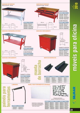 BANCADA DE SERVIÇO                                                                 BANCADA DE SERVIÇO
Manta de Borracha - opcional                                                       Divisórias de Gavetas - opcionais




                                                                                                                                                 SEM RODAS
                                                                                                                                                 Código       Cor
                                                                                                                                                 316158       Branco
                                                                                                                                                 316167       Cinza
                                                                                                                                                 316168       Vermelho
                                                                                                                                                 316169       Especial
                                                                                                                                                 COM RODAS
                                                     Código    Cor                             1800 mm                 800 mm                    Código       Cor
      1800 mm           800 mm
                                                     304044    Branco                                                                            316166       Branco
                                                     304045    Cinza                                                                             316170       Cinza
                                 900 mm              304008    Vermelho                                                           900 mm         316171       Vermelho
                                                     304046    Especial                                                                          316172       Especial

BANCADA COM BANDEJA DE INOX                                                        BANCADA COM GABINETE
                                                                                                                                                     570 mm




                                                                                                                                                       890 mm



                                                                                                                                                                    900 mm




                                                      SEM RODAS
                                                                                                                                                 GABINETE INFERIOR
                                                     Código Cor
                                                                                                                                                 Código       Cor
      1800 mm           800 mm
                                                     304029 Vermelho
                                                                                                                                                 316173       Branco
                                                     COM RODAS                                                                                   316174       Cinza
                                 900 mm              Código Cor                                                                                  316164       Vermelho
                                                     304030 Vermelho                                                                             316175       Especial

BANCADA COM GABINETE                                                                                       MANTA DE BORRACHA
                                               570 mm




                                                    890 mm



                                                             900 mm




                                             GABINETE LATERAL
                                             Código      Cor                                                 Código         Largura           Prof.             Esp.
                                             316176      Branco                                              304018         520mm             840mm             3mm
                                             316177      Cinza                                               304004         700mm             500mm             3mm
                                             316165      Vermelho                                            304005         1500mm            700mm             3mm
                                             316178      Especial                                            304006         1800mm            800mm             3mm

                         LUMINÁRIA                             PAINEL PARA FERRAMENTAS UNIVERSAL




                                                                                                                                  Possuimos toda linha de
                                                                                                                           suportes e silhuetas para ferramentas.

                                                                                                            Código      Largura       Prof.        Altura       Cor
                                                                      •Construído com chapa de aço          304510      940mm         30mm         550mm        Branco
                                                                      •Pintura epóxi de alta resistência    304511      940mm         30mm         550mm        Cinza
                                                                      •Furos de 5mm de diâmetro e           304520      940mm         30mm         940mm        Branco
                           Código         Largura                      35mm entre centros                   304521      940mm         30mm         940mm        Cinza
                           304020         1500mm                                                            304530      1440mm        30mm         940mm        Branco
                           304021         1800mm                                                            304531      1440mm        30mm         940mm        Cinza
 