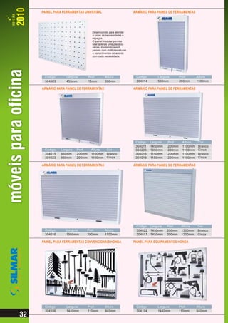 PAINEL PARA FERRAMENTAS UNIVERSAL                             ARMÁRIO PARA PAINEL DE FERRAMENTAS




                              Desenvolvido para atender
                              a todas as necessidades e
                              espaços.
                              O painel modular permite
                              usar apenas uma placa ou
                              várias, montando assim
                              painéis com múltiplas alturas
                              e comprimentos de acordo
                              com cada necessidade.




 Código      Largura        Prof.       Altura                 Código       Largura       Prof.     Altura
 304503      455mm          15mm        350mm                  304014       550mm         200mm     1100mm

ARMÁRIO PARA PAINEL DE FERRAMENTAS                            ARMÁRIO PARA PAINEL DE FERRAMENTAS




                                                               Código   Largura   Prof.    Altura    Cor
                                                               304011   1450mm    200mm    1100mm    Branco
 Código   Largura   Prof.    Altura       Cor                  304206   1450mm    200mm    1100mm    Cinza
 304015   950mm     200mm    1100mm       Branco               304013   1150mm    200mm    1100mm    Branco
 304023   950mm     200mm    1100mm       Cinza                304019   1150mm    200mm    1100mm    Cinza

ARMÁRIO PARA PAINEL DE FERRAMENTAS                            ARMÁRIO PARA PAINEL DE FERRAMENTAS




                                                               Código   Largura   Prof.    Altura   Cor
 Código      Largura     Prof.          Altura                 304022   1450mm    200mm    1300mm   Branco
 304016      1950mm      200mm          1100mm                 304017   1450mm    200mm    1300mm   Cinza

PAINEL PARA FERRAMENTAS CONVENCIONAIS HONDA                   PAINEL PARA EQUIPAMENTOS HONDA




 Código      Largura        Prof.       Altura                 Código       Largura       Prof.     Altura
 304106      1440mm         110mm       940mm                  304104       1440mm        110mm     940mm
 