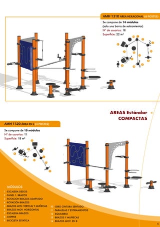 AMH 1310 ÁREA HEXAGONAL (6 POSTES)
                                                                              Se compone de 14 módulos
                                                                              (solo una barra de estiramientos)
                                                                              Nº de usuarios: 18
                                                                              Superficie: 22 m²
                                                                                                      10      1
                                                                                                                       2
                                                                                                                                3
                                                                                         8


                                                                                                 7                             13
                                                                                                         12
                                                                                                                  11
                                                                                                     4
                                                                                                                           5

                                                                                             9                         6
                                                                                                         14




                                                                                   AREAS Estándar
                                                                                      COMPACTAS
AMH 1320 ÁREA EN L (4 POSTES)

Se compone de 10 módulos
Nº de usuarios: 11
Superficie: 18 m²
                          8



                      7            10

         9
                                    1
                 4            12
                                        13



                                             5




  MÓDULOS
1 - ESCALERA DEDOS
2 - PANEL 1. BRAZOS
3 - ROTACION BRAZOS ADAPTADO
4 - ROTACIÓN BRAZOS
5 - BRAZOS MOV. VERTICAL Y MUÑECAS           10 - GIRO CINTURA SENTADO
6 - BRAZOS MOV. HORIZONTAL                   11 - PARALELAS Y ESTIRAMIENTOS
7 - ESCALERA BRAZOS                          12 - EQUILIBRIO
8 - STEPPER                                  13 - BRAZOS Y MUÑECAS
9 - BICICLETA ESTATICA                       14 - BRAZOS MOV. EN 8
                                                                                                                                    5
 