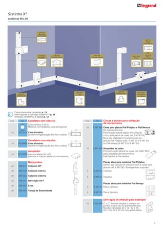 9
Capacidade das canaletas p. 15
Interruptores e tomadas Sistema X®
p. 11
Tomadas de elétrica e dados p. 12
Sistema X®
canaletas 50 x 20
Emb. Ref. Canaletas sem adesivo
Comprimento 2,00 m
Material: termoplástico auto-extinguível
10 300 24X Com divisória
(auxilia na organização dos fios e cabos)
Canaletas com adesivo
10 300 24ADX Com divisória
(auxilia na organização dos fios e cabos)
Acoplador
10 675 052X para canaletas 50 x 20
(permite a fixação lateral do mecanismo)
Mata-juntas
20 299 01X Cotovelo 90º
20 299 03X Cotovelo interno
20 299 02X Cotovelo externo
20 299 04X Derivação em T
20 299 05X Luva
20 299 00X Tampa de Extremidade
Emb. Ref. Caixas e placas para utilização
de mecanismos
10 6 487 90X Caixa para placas Pial Pialplus e Pial Nereya
De fixação terminal.
Para fixação lateral utilizar em conjunto
com o acoplador de caixa (ref. 6 479 52X).
Deve ser utilizada em conjunto com as
placas Pial Pialplus (refs. 6 487 32 e 6 487 34)
ou Pial Nereya (6 487 23 e 6 487 24)
10 6 479 52X Acoplador de caixa
Permite fixação lateral da caixa (ref. 6487 90X)
para utilização de mecanismos
Pial Pialplus e Pial Nereya.
Placas altas para módulos Pial Pialplus
Devem ser usadas em conjunto com a caixa para
placas (ref. 6 487 90). Acompanham suportes.
5 6 487 32 2 postos
5 6 487 34 3 postos
Placas altas para módulos Pial Nereya
5 6 487 23 Placa 2 postos
5 6 487 24 Placa 3 postos
Derivação de embutir para sobrepor
10 6 750 54X 4” x 2”. Permite ampliar o número de
pontos a partir de um ponto embutido.
Recebe canaletas 20 x 12 / 32 x 16 /
40 x 16 e 50 x 20 mm nos quatro lados.
50
50
2020
Acoplador
de caixas
299 00X
6750 52X 299 03X
299 05X 6479 52X
6487 90X299 02X
299 01X
299 04X
branco
cor
 