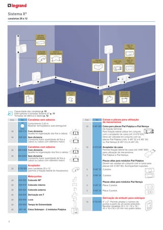 6
Capacidade das canaletas p. 15
Interruptores e tomadas Sistema X®
p. 11
Tomadas de elétrica e dados p. 12
Sistema X®
canaletas 20 x 12
Acoplador
de caixas
6750 50X 309 91X
309 90X
309 94X
309 92X
309 93X 6479 52X
6487 90X
309 95X
Emb. Ref. Canaletas sem adesivo
Comprimento 2,00 m
Material: termoplástico auto-extinguível
30 308 01X Com divisória
(auxilia na organização dos fios e cabos)
30 308 02X Sem divisória
(comporta maior quantidade de fios e
cabos ou cabos com diâmetro maior)
Canaletas com adesivo
30 308 01ADX Com divisória
(auxilia na organização dos fios e cabos)
30 308 02ADX Sem divisória
(comporta maior quantidade de fios e
cabos ou cabos com diâmetro maior)
Acoplador
20 6 750 50X para canaletas 20 x 12
(permite a fixação lateral do mecanismo)
Mata-juntas
20 309 90X Cotovelo 90º
20 309 91X Cotovelo interno
20 309 92X Cotovelo externo
20 309 93X Derivação em T
20 309 94X Luva
20 309 95X Tampa de Extremidade
20 891 48 Caixa Sobrepor - 2 módulos Pialplus
Emb. Ref. Caixas e placas para utilização
de mecanismos
10 6 487 90X Caixa para placas Pial Pialplus e Pial Nereya
De fixação terminal.
Para fixação lateral utilizar em conjunto
com o acoplador de caixa (ref. 6 479 52X).
Deve ser utilizada em conjunto com as
placas Pial Pialplus (refs. 6 487 32 e 6 487 34)
ou Pial Nereya (6 487 23 e 6 487 24)
10 6 479 52X Acoplador de caixa
Permite fixação lateral da caixa (ref. 6487 90X)
para utilização de mecanismos
Pial Pialplus e Pial Nereya.
Placas altas para módulos Pial Pialplus
Devem ser usadas em conjunto com a caixa para
placas (ref. 6 487 90). Acompanham suportes.
5 6 487 32 2 postos
5 6 487 34 3 postos
Placas altas para módulos Pial Nereya
5 6 487 23 Placa 2 postos
5 6 487 24 Placa 3 postos
Derivação de embutir para sobrepor
10 6 750 54X 4” x 2”. Permite ampliar o número de
pontos a partir de um ponto embutido.
Recebe canaletas 20 x 12 / 32 x 16 /
40 x 16 e 50 x 20 mm nos quatro lados.
20
20
20
20
12121212
branco
cor
 