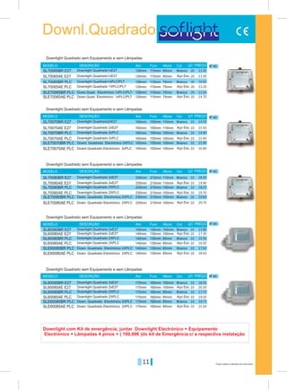 11 Preços sujeitos a alteração sem aviso prévio
Downl.Quadrados
IP 40
IP 40
IP 40
IP 44
IP 44
Branco
Branco
Branco
Branco
Branco
SL70065BR E27
SL70070BR E27
SL70080BR E27
SL60080BR E27
SL60085BR E27
115mm
210mm
130mm
160mm
126mm
230mm
140mm
170mm
85mm
110mm
100mm
100mm
Aro
Aro
Aro
Aro
Aro
Furo
Furo
Furo
Furo
Furo
Altura
Altura
Altura
Altura
Altura
MODELO
MODELO
MODELO
MODELO
MODELO
DESCRIÇÃO
DESCRIÇÃO
DESCRIÇÃO
DESCRIÇÃO
DESCRIÇÃO
Cor
Cor
Cor
Cor
Cor
QT
QT
QT
QT
QT
PREÇO
PREÇO
PREÇO
PREÇO
PREÇO
Downlight Quadrado sem Equipamento e sem Lâmpadas
Downlight Quadrado sem Equipamento e sem Lâmpadas
Downlight Quadrado sem Equipamento e sem Lâmpadas
Downlight Quadrado sem Equipamento e sem Lâmpadas
Downlight Quadrado sem Equipamento e sem Lâmpadas
Downlight Quadrado1xE27
Downlight Quadrado2xE27
Downlight Quadrado 2xE27
Downlight Quadrado 2xE27
Downlight Quadrado 2xE27
Downlight Quadrado1xE27
Downlight Quadrado 2xE27
Downlight Quadrado 2xE27
Downlight Quadrado 2xE27
Downlight Quadrado 2xE27
Downlight Quadrado1xPLC/PLT
Downlight Quadrado 2xPLC
Downlight Quadrado 1XPLC/PLT
Downlight Quadrado 2xPLC
Downlight Quadrado 2XPLC
Downlight Quadrado 2XPLC
Downlight Quadrado 2XPLC
Downlight Quadrado 2XPLC
Downlight Quadrado 2XPLC
Downlight Quadrado 2XPLC
Down.Quad. Electrónico 1xPLC/PLT
Downl. Quadrado Electrónico 2XPLC
Down. Quadrado Electronico 2XPLC
Down. Quadrado Electrónico 2XPLC
Down. Quadrado Electrónico 2XPLC
Down.Quad. Electrónico 1xPLC/PLT
Downl.Quadrado Electrónico 2xPLC
Down. Quadrado Electrónico 2XPLC
Down. Quadrado Electrónico 2XPLC
Down. Quadrado Electrónico 2XPLC
20
10
10
10
10
11.05
14.50
18.30
15.80
18.50
SL70065AE E27
SL70070AE E27
SL70080AE E27
SL60080AE E27
SL60085AE E27
SL70065BR PLC
SL70070BR PLC
SL70080BR PLC
SL60080BR PLC
SL60085BR PLC
SL70065AE PLC
SL70070AE PLC
SL70080AE PLC
SL60080AE PLC
SL60085AE PLC
SLE70065BR PLC
SLE70070BR PLC
SLE70080BR PLC
SLE60080BR PLC
SLE60080AE PLC
SLE60085BR PLC
SLE70065AE PLC
SLE70070AE PLC
SLE70080AE PLC
SLE60085AE PLC
126mm
165mm
165mm
165mm
165mm
165mm
165mm
230mm
170mm
126mm
230mm
230mm
140mm
140mm
140mm
140mm
140mm
170mm
126mm
170mm
126mm
230mm
170mm
126mm
230mm
170mm
115mm
155mm
155mm
155mm
155mm
155mm
155mm
210mm
160mm
115mm
210mm
160mm
115mm
210mm
130mm
130mm
130mm
130mm
130mm
160mm
115mm
210mm
160mm
115mm
210mm
160mm
85mm
110mm
100mm
100mm
100mm
100mm
110mm
110mm
100mm
75mm
100mm
85mm
75mm
100mm
100mm
85mm
85mm
85mm
85mm
85mm
75mm
100mm
100mm
85mm
75mm
85mm
Aço Esc.
Aço Esc.
Aço Esc.
Aço Esc.
Aço Esc.
Branco
Branco
Branco
Branco
Branco
Aço Esc.
Aço Esc.
Aço Esc.
Aço Esc.
Aço Esc.
Branco
Branco
Branco
Branco
Branco
Aço Esc.
Aço Esc.
Aço Esc.
Aço Esc.
Aço Esc.
20
10
10
10
10
13.30
15.50
19.90
17.30
20.30
20
10
10
10
10
10.95
14.40
18.25
15.50
17.75
20
10
10
10
10
13.20
15.40
19.70
16.50
19.50
20
10
10
10
10
12.50
15.90
19.60
17.50
19.75
20
10
10
10
10
14.70
16.90
20.70
18.50
21.50
Downlight com Kit de emergência; juntar Downlight Electrónico + Equipamento
Electrónico + Lâmpadas 4 pinos + ( 100,00€ )do kit de Emergência c/ a respectiva instalação
 