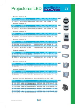 13Preços sujeitos a alteração sem aviso prévio
Projectores LED
IP 44
IP 44
IP 44
IP 54
IP 54
IP 54
IP 54
Branco
Branco
Branco
Inox 304
Inox 304
Inox 304
Inox 304
Inox 304
Inox 304
120mm
120mm
125x80mm
125mm
125x125mm
135x90mm
110x45mm
110x45mm
70x70mm
70x70mm
170x70mm
170x70mm
70mm
70mm
82mm
60mm2700/3000K
2700/3000K
2700/3000K
2700/3000K
60mm
60mm
60mm
59mm2700/3000K
2700/3000K 59mm
Aro
Aro
Aro
Aro
Aro
Aro
Aro
Caixa
Caixa
Caixa
Altura
Altura
Altura
Altura
Altura
Altura
Altura
MODELO
MODELO
MODELO
MODELO
MODELO
MODELO
MODELO
DESCRIÇÃO
DESCRIÇÃO
DESCRIÇÃO
DESCRIÇÃO
DESCRIÇÃO
DESCRIÇÃO
DESCRIÇÃO
Cor
Cor
Cor
Cor
Cor
Cor
Cor
Aro
Aro
Aro
Aro
PREÇOQT/CX
QT/CX
QT/CX
QT/CX
QT/CX
QT/CX
QT/CX
PREÇO
PREÇO
PREÇO
PREÇO
PREÇO
PREÇO
Projectores Parede em LED
Projectores Parede em LED
Projectores Parede em LED
Projectores Parede em LED
Projectores Parede em LED
Projectores Parede em LED
Projectores Parede em LED
Apl. 14 Led´s 220-240V 6200/6400K
Apl. 14 Led´s 220-240V 6200/6400K
Apl. 15 Led´s 220-240V 6200/6400K
Apl. 14 Led 1,5W 220-240V
Apl. 14 Led 1,5W 220-240V
Apl. Parede 9 Led 1W 220-240V
Apl. Parede 9 Led 1W 220-240V
Apl. 18 Led 2W 220-240V
Apl. 18 Led 2W 220-240V
Apl.14 Led 1,5W 220-240V
Apl. 14 Led 1,5W 220-240V
Apl. Parede 9 Led 1W 220-240V
Apl. Parede 9 Led 1W 220-240V
Apl. 18 Led 2W 220-240V
Apl. 18 Led 2W 220-240V
Apl. 14 Led´s 220-240V 6200/6400K
Apl. 14 Led´s 220-240V 6200/6400K
Apl. 15 Led´s 220-240V 6200/400K
30.0020
20
20
40
40
20
20
40
40
30.00
31.00
17.00
17.00
17.00
17.00
20.00
20.00
SL 032001CZ
SL 032002CZ
SL 032003CZ
SL 025011S-W
SL 025012S-W
SL 025081S-W
SL 025082S-W
SL 025011-W
SL 025012-W
SL 032001BR
SL 032002BR
SL 032003BR
SL 025011S-WW
SL 025012S-WW
SL 025081S-WW
SL 025082S-WW
SL 025011-WW
SL 025012-WW
125mm
125x125mm
135x90mm
110x45mm
110x45mm
70x70mm
70x70mm
170x70mm
170x70mm
120mm
120mm
125x80mm
70mm
70mm
82mm
60mm6200/6400K
6200/6400K
6200/6400K
6200/6400K
60mm
60mm
60mm
59mm6200/6400K
6200/6400K 59mm
Cinzento
Cinzento
Cinzento
Inox 304
Inox 304
Inox 304
Inox 304
Inox 304
Inox 304
30.0020
20
20
40
40
20
20
40
40
30.00
31.00
17.00
17.00
17.00
17.00
20.00
20.00
115x88x78mm
115x88x78mm
225x186x124mm
225x186x124mm
181x140x100mm
181x140x100mm
287x235x144mm
287x235x144mm
800/900 Im
800/900lm
2700/3000lm
2700/3000lm
1800/2000lm
1800/2000lm
4500/5000lm
4500/5000lm
10Mts
10Mts
20Mts
20Mts
15Mts
15Mts
25Mts
25Mts
Projector LED 10W 6000/6400K 120º
Projector LED 10W 4000/4200K 120º
Projector LED 30W 6000/6400K 120º
Projector LED 30W 4000/4200K 120º
Projector LED 20W 6000/6400K 120º
Projector LED 20W 4000/4200K 120º
Projector LED 50W 6000/6400K 120º
Projector LED 50W 4000/4200K 120º
26,00
26,00
20
20
8
8
12
12
4
4
84,00
84,00
55,00
55,00
133,00
133,00
SL-S110-20W-54
SL-S110-20W-82
SL-S110-50W-54
SL-S110-50W-82
SL-S110-10W-54
SL-S110-10W-82
SL-S110-30W-54
SL-S110-30W-82
IP 65Lumens Dist.Lum.MODELO DESCRIÇÃO Dimensões PREÇOQT/CX
Projectores em Alumínio LED 100-260V AC, Duração 50 000 Hrs (c/ uso diario < 5 Hrs)
 
