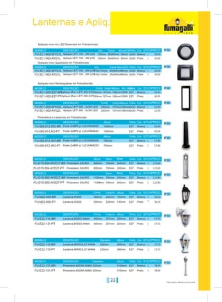 33 Preços sujeitos a alteração sem aviso prévio
Lanternas e Apliq.
Branco
Branco
Branco
Branco
Gx53
Gx53
Gx53
Gx53
Branco
Branco
Branco
Branco
Branco
Branco
Branco
Branco
Preto
Preto
Preto
Preto
Preto
Preto
Preto
Preto
Preto
Preto
Preto
Preto
100W
100W
E27
Gx53
E27
E27
E27
E27
E27
E27
E27
E27
E27
Gx53
E27
E27
E27
E27
E27
E27
E27
E27
293mm
135mm
293mm
115x115mm
293mm
135mm
293mm
115x115mm
1000mm
800mm
1100mm
220mm
257mm
350mm
450mm
220mm
220mm
150mm 245mm
150mm 245mm
130mm
220mm
385mm
1100mm
750mm
1000mm
800mm
1100 mm
220mm
257mm
350mm
450mm
220mm
220mm
150mm 245mm
150mm 245mm
130mm
220mm
385mm
1100mm
750mm
107mm
95x95mm
107mm
95x95mm
107mm
95x95mm
107mm
95x95mm
106mm
80mm
106mm
80mm
106mm
80mm
106mm
80mm
Pot. Max.Casq.
Casq.
Casq.
Casq.
Casq.
Casq.
Casq.
Casq.
Casq.
Casq.
Casq.
Casq.
Comp.
Aro
Comp.
Aro
Altura
Altura Diam. Base
Altura
Diam. Base
Altura
Altura
Altura
Altura
Comp.
Comp.
Diametro
Diametro
Largura
Largura
Largura
Caixa
Caixa
Largura
Altura
Altura/CX
Altura
Altura/CX
Cor
Cor
Cor
Cor
Cor
Cor
Cor
Cor
Cor
Cor
Cor
Cor
QT/CX
QT/CX
QT/CX
QT/CX
QT/CX
QT/CX
QT/CX
QT/CX
QT/CX
QT/CX
QT/CX
QT/CX
MODELO
MODELO
MODELO
MODELO
MODELO
MODELO
MODELO
MODELO
MODELO
MODELO
MODELO
MODELO
DESCRIÇÃO
DESCRIÇÃO
DESCRIÇÃO
DESCRIÇÃO
DESCRIÇÃO
DESCRIÇÃO
DESCRIÇÃO
DESCRIÇÃO
DESCRIÇÃO
DESCRIÇÃO
DESCRIÇÃO
DESCRIÇÃO
PREÇO
PREÇO
PREÇO
PREÇO
PREÇO
PREÇO
PREÇO
PREÇO
PREÇO
PREÇO
PREÇO
PREÇO
Aplique Muro LETI 300-E27
Aplique LETI 300 - 2x3W LED
Aplique LETI 100 - 3W LED
Aplique LETI 300 - 2x3W LED
Aplique LETI 100 - 3W LED
Aplique LETI 100 - 3W LED
Aplique LETI 100 - 3W LED
Aplique Muro LETI 300-E27
Poste GABRI p/ LUCIA/MADDI
Pimenteiro SAURO
Pimenteiro SAURO
Lanterna IESSE
Lanterna BISSO ANNA
Lanterna MIKROLOT ANNA
Pimenteiro MIZAR ANNA
Pimenteiro SAURO
Pimenteiro SAURO
Lanterna IESSE
Lanterna BISSO ANNA
Lanterna MIKROLOT ANNA
Pimenteiro MIZAR ANNA
Poste GABRI p/ LUCIA/MADDI
Poste GABRI p/ LUCIA/MADDI
Poste GABRI p/ LUCIA/MADDI
Apliques muro em LED Redondos em Policarbonato
Apliques muro Quadrados em Policarbonato
Apliques muro Rectangulares em Policarbonato
Pimenteiros e Lanternas em Policarbonato
40.45
30.00
52.00
30.00
65.00
115.60
122.80
36.10
37.55
37.55
78.001
1
1
1
1
1
1
1
1
1
1
1
1
1
1
1
1
1
1
1
1
1
1
1
57.80
40.45
30.00
52.00
30.00
65.00
115.60
122.80
36.10
37.55
37.55
78.00
57.80
FU-5C1-000-E27-BR
FU-2C1-000-WYG1L
FU-5C1-000-WYG2L
FU-3C1-000-WYG1L
FU-000.613.WO-BR
FU-D15-554-WYE27-BR
FU-D15-555-WYE27-BR
FU-M22-000-BR
FU-E22-131-BR
FU-E22-110-BR
FU-E22-151-BR
FU-D15-554-AYE27-PT
FU-D15-555-AYE27-PT
FU-M22-000-PT
FU-E22-131-PT
FU-E22-110-PT
FU-E22-151-PT
FU-000.612.WO-BR
FU-000.613.AO-PT
FU-000.612.WO-PT
FU-5C1-000-E27-PT
FU-2C1-000-AYG1L
FU-5C1-000-AYG2L
FU-3C1-000-AYG1L
IP 66
IP 66
IP 66
IP 66
IP 66
IP 55
IP 66
IP 55
IP 55
IP 55
IP 55
IP 55
 