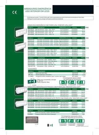 36
ARMADURAS EMERGÊNCIA
USO INTERIOR EM LEDS
IP 42
IP 42
> As armaduras da série “Comfort LEDs Light” foram projectadas para serem facilmente encastradas em tecto falso.
> Distinguem-se tanto pelo seu design como pela sua estrutura resistente.
S-93593/S65L
(705693593)
S-93593/S65R
(705693595)
S-93593/S65D
(705693594)
C-101
923408004
923408010
923408005
923408011
923409003
923409007
923409006
923409008
GR-408/3L
GR-408/12L
GR-408/6L
GR-408/24L
GR-409/3L
GR-409/12L
GR-409/6L
GR-409/24L
272x122x50mm
272x122x50mm
272x122x50mm
272x122x50mm
272x122x50mm
272x122x50mm
272x122x50mm
272x122x50mm
IP 42
IP 42
GR-423/3L
GR-423/12L
GR-427/12L
GR-423/6L
GR-423/24L
GR-421/3L
GR-421/12L
GR-421/6L
GR-421/24L
272x122x50mm
272x122x50mm
272x122x50mm
272x122x50mm
272x122x50mm
272x122x50mm
272x122x50mm
272x122x50mm
272x122x50mm
923421003
923421007
923421002
923421008
923423003
923423007
923427000
923423005
923423008
Á-3018
SP-115
980330180
922115000
S-10800 807108000
Á-3018
SP-115
S-10800/S65L S-10800/S65R S-10800/S65D
IP 65
GR-936/4P
GR-935/4P
GR-935/6P
GR-936/6P
355x160x72mm
355x160x72mm
355x160x72mm
355x160x72mm
923935010
923935011
923936005
923936006
IP 65
GR-938/6P
GR-938/4P
GR-939/4P
GR-939/6P
355x160x72mm
355x160x72mm
355x160x72mm
355x160x72mm
923938003
923938004
923939007
923939008
S-93593
C-101
705693593-5
980310100
DIMENSÕES (CxLxA)
DIMENSÕES (CxLxA)
MODELO
MODELO
DESCRIÇÃO
DESCRIÇÃO
CÓDIGO
CÓDIGO
PREÇO
PREÇO
DIMENSÕES (CxLxA)
DIMENSÕES (CxLxA)
MODELO
MODELO
DESCRIÇÃO
DESCRIÇÃO
CÓDIGO
CÓDIGO
PREÇO
PREÇO
MODELO DESCRIÇÃO CÓDIGO PREÇO
DIMENSÕES (CxLxA)MODELO DESCRIÇÃO CÓDIGO PREÇO
DIMENSÕES(CxLxA)MODELO DESCRIÇÃO CÓDIGO PRECO
MODELO DESCRIÇÃO CÓDIGO PREÇO
ARMADURAS EMERGÊNCIA COM POWER LEDs “COMFORT LEDs LIGHT”
Não-permanente / LEDs - 75lm, 90min.
Não-permanente / LEDs - 85lm, 90min.
Não-permanente / LEDs - 150lm, 2h
Não-permanente / LEDs - 170lm, 3h
Não-permanente / LEDs - 75lm, 4h
Não-permanente / LEDs - 85lm, 90min.
Não-permanente / LEDs - 150lm, 3h
Não-permanente / LEDs - 170lm, 3h
Auto-teste, permanente / LEDs - 75/75lm, 2h.
Permanente / LEDs - 85/85lm, 90min.
Auto-teste, permanente / LEDs - 75/150lm, 2h.
Permanente / LEDs - 170/170lm,90min.
Auto-teste, permanente / LEDs - 75/75lm, 4h.
Permanente / LEDs - 85/85lm, 3h.
Permanente / LEDs - 85/85lm, 8h.
Auto-teste, permanente / LEDs - 75/150lm, 3h.
Permanente / LEDs - 170/170lm, 3h.
ACESSÓRIOS
Molas para tecto falso
Painel dupla-face ( PVC 6mm.)
Pictograma SAIDA 195x90mm para “Comfort Light” series
ARMADURAS EMERGÊNCIA ESTANQUES COM POWER LEDs “WEATHER LEDs LIGHT”
Não- permanente / LEDs -250lm / 90min.
Não-permanente / LEDs -250lm / 3h.
Não-permanente / LEDs -400lm / 90min.
Não-permanente / LEDs -400lm / 3h.
ARMADURA EMERGÊNCIA ESTANQUE AUTO-TESTE COM POWER LEDs “WEATHER LEDs LIGHT”
Auto-teste, permanente/LEDs-125/250lm/90min.
Auto-teste, permanente/LEDs-200/400lm/90min.
Auto-teste, permanente/LEDs-125/250lm/3h.
Auto-teste, permanente/LEDs-200/400lm/3h.
Pictograma SAIDA 260x120mm (Estanque)
Grelha de protecção metálica 250x460x100mm
Os pictogramas apenas podem
ser adquiridos por encomenda
Os pictogramas autocolantes abaixo
podem ser adquiridos por encomenda
Definir com a encomenda a direcção
do SP-115:
Direita, Esquerda, Baixo.
61,30
55.50
81,30
65.40
79,70
68.00
105,00
82.50
85,50
72.50
103,90
85.00
96,40
82.30
104.00
119,00
102.00
2,70
13,40
2,25
147.50
204,50
157,50
222,00
176,00
216,00
183,00
245,00
94,35
4,00
Preços sujeitos a alteração sem aviso prévio
 