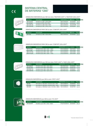 Preços sujeitos a alteração sem aviso prévio
54
GR-324/4P
GR-325/6P
350x134x45mm
350x134x745m
923324006
923325003
IP 65
IP 42
MODELO DESCRIÇÃO CÓGIGO PREÇODIMENSÕES (CxLxA)
MODELO DESCRIÇÃO CÓDIGO PREÇODIMENSÕES (CxLxA)
SISTEMA CENTRAL
DE BATERIAS “CBS”
ARMADURAS EMERGÊNCIA para CBS das séries “WEATHER LIGHT” e “WEATHER LEDs LIGHT”
Armadura p/ CBS / LEDs 250lm.
Armadura p/CBS LEDs 400lm
ARMADURA EMERGÊNCIA PARA CBS da série “COMFORT LEDs LIGHT”
GR-324/15L
GR-324/30L
GR-394
350x134x45mm
350x134x45mm
350x134x45mm
9233240008
923324009
923394000
Armadura p/ CBS /LEDs 105lm
Armadura p/ CBS / LEDs 210lm
Armadura p/ CBS / LEDs 220lm
104.00
59.50
81.50
100.00
IP 42
GR-414/3L
GR-414/12L
GR-414/6L
GR-414/24L
272x122x50mm
272x122x50mm
272x122x50mm
272x122x50mm
923414003
923414008
923414006
923414009
MODELO DESCRIÇÃO CÓDIGO PREÇODIMENSÕES (CxLxA)
ARMADURA EMERGÊNCIA PARA CBS da série “COMFORT LEDs LIGHT”
Armadura para CBS / LEDs - 100lm
Armadura para CBS / LEDs - 85lm
Armadura para CBS / LEDs - 200lm
Armadura para CBS / LEDs - 170lm
64,00
64,00
80,00
80,00
IP 65
GR-926/4P
GR-927/6P
350x160x72mm
350x160x72mm
923926005
923927003
MODELO DESCRIÇÃO CÓDIGO PREÇODIMENSÕES (CxLxA)
ARMADURAS EMERGÊNCIA para CBS das séries “EASY LIGHT” e “EASY LEDs LIGHT”
Armadura para CBS / LEDs 250lm
Armadura para CBS / LEDs 400lm
GR-926/15L
GR-926/30L
350x160x72mm
350x160x72mm
923926007
923926008
Armadura para CBS / LEDs 105lm
Armadura para CBS / LEDs 210lm
100.00
112.50
75.00
97.00
IP 65
GR-286
GR-94
GR-287
120x120x60mm
120x120x60mm
120x120x60mm
923286000
923094000
923287000
MODELO DESCRIÇÃO CÓDIGO PREÇODIMENSÕES (CxLxA)
ARMADURA EMERGÊNCIA para CBS da série “SPOT LIGHT”
Arm.estan.p/ CBS,Mont. tecto/20 LEDs / 140lm
Arm.estan.p/ CBS,Mont. tecto/20 LEDs / 90lm
Arm.estan. p/ CBS,Mont. tecto / 40 LEDs / 280lm
94,50
94,50
101,50
84.00
IP 40
GR-424/4P 310x310x320mm 923424001
MODELO DESCRIÇÃO CÓDIGO PREÇODIMENSÕES (CxLxA)
ARMADURA EMERGÊNCIA para CBS da série “3D LIGHT”
Sinalética para CBS / LEDs / 360lm 381,20
 