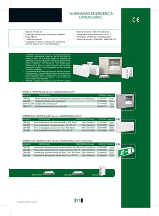 Preços sujeitos a alteração sem aviso prévio
57
> Baterias Ni-Cd 3,6V > Material de fabrico: ABS, Policarbonato
> Protecção de descarga e sobrecarga da bateria > Tamperatura de funcionamento: 0 a 40º C
> Botão ÔESTE > Humidade: até 95% de humidade relativa
> 3 LEDs indicadores > Fabrico de acordo c/:ÅÍ60598-1,ÅÍ60598-2-22
> Facilidade em definir o endereço da armadura a
partir do painel ( sem micro-interruptores )
IP 40
GR-655BSR-7070/A GR-6000
> O GR-650 é um painel de 16 zonas e um loop apropriado para
armaduras endereçáveis. Podem-se ligar no loop até 240
pontos no total, 208 dos quais podem ser armaduras ou
isoladores e outros poderão ser unidades de entrada-saida.
Cada dispositivo que é ligado ao loop deverá possuir o seu
próprio endereço. As armaduras são endereçadas
directamente a partir do painel, enquanto que os outros
dispositivos possuem micro-interruptores que são utilizados
para definir o endereço.
> As armaduras são testadas pelo painel em períodos de tempo
pré-programados. Os testes são conduzidos por zona. No caso
de funcionamento faltoso, o painel indica no seu display os
nomes, endereços, tipo de armaduras e o tipo de falha, por
cada armadura separadamente.
> GR-6000. Adaptador endereçável para GR-6/UN coopera
GR-655
GR-650
GR-6000
923650000
923655000
960006025
BSR-7070/A 921707001
GR-636
GR-630
GR-632
GR-634
923630000
923632000
923634000
923636000
350x134x45mm
350x134x45mm
350x134x45mm
350x134x45mm
IP 40
GR-664
GR-668
GR-660
GR-662
923660000
923662000
923664000
923668000
350x134x60mm
350x134x60mm
350x134x60mm
350x134x60mm
DIMENSÕES (CxLxA)MODELO DESCRIÇÃO CÓDIGO PREÇO
DIMENSÕES (CxLxA)MODELO DESCRIÇÃO CÓDIGO PREÇO
MODELO DESCRIÇÃO CÓDIGO PREÇO
ILUMINAÇÃO EMERGÊNCIA
ENDEREÇÁVEL
Arma. endereçável,não-permanente/fluo. 8W, 90min.
Arma. endereçável, não-permanente / fluo. 8W, 3h.
Arma. endereçável, permanente / fluo. 8W, 90min.
Arma. endereçável, permanente / fluo. 8W, 3h.
ARMADURAS ENDEREÇÁVEIS da série “ADDRESSABLE LIGHT”
ARMADURAS ENDEREÇÁVEIS da série “ADDRESSABLE LIGHT” (dupla face)
Endereçável,não-permanente (dupla face) / fluo. 8W, 3h.
Endereçável,não-permanente (dupla face)/fluo.8W, 90min.
Endereçável, permanente (dupla face) / fluo. 8W, 3h.
Endereçável, permanentre (dupla face) / fluo. 8W, 90min.
Unidade entrada-saída endereçável
Isolador linha endereçável
Adaptador endereçável para GR-6/UN
Painel controlo p/armaduras endereçáveis (capacidade 240 endereços)
PAINEL E PERIFÉRICOS da série “ADDRESSABLE LIGHT”
2725,00
140,00
92,00
61,00
135.00
148,00
175,00
196,00
156,00
180,00
196,00
225,00
 