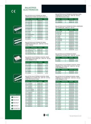 Preços sujeitos a alteração sem aviso prévio
58
EL 1/2x18-42 TCs
EL 1x39sc
EL 2x18 s
EL 1x36 ngn
EL 2x36 ngn
EL 2x58 ngn
BALASTROS ELECTRÓNICOS PARA
LÂMPADAS(18-58W 220-240V 50-60 Hz)
MODELO CÓDIGO PREÇO
EL 1x18 ngn
EL 1x36 ngn
EL 4x18 ngn
EL 1x58 ngn
980660100
980660101
980660102
980660103
EL 2x36 ngn
EL 2x18 ngn
EL 2x58 ngn
980660104
980660105
980660106
EL 1x18 s
EL 2x18 s
EL 1x36/40/18 s
980660300
980660301
980660302
EL 1x58 s
EL 2x36/40 s
EL 2x58 s
980660303
980660304
980660305
DIMENSÕES
2
2
2
2
2
2
2
1
3
1
3
1
3
MODELO CÓDIGO PREÇO
BALASTROS ELECTRÓNICOS PARA
LÂMPADAS(9-42W 220 - 240V 50 - 60 Hz)
COM 4 PINOS
980661300
980661301
980661302
980661303
EL 1/2x9-13 TCs
EL 1/2x18 TCs
EL 2x32/42 TCs
EL 1/2x18-42 TCs
DIMENSÕES
5
5
5
5
MODELO CÓDIGO PREÇO
BALASTRO ELECTRÓNICO DIGITAL PARA
LÂMPADAS T8(18-58W 220 - 240V 50 - 60 Hz)
COM DIMMER 0-10V
980660700
980660701
980660702
980660703
980660704
980660705
980660706
EL 2x18sc
EL 4x18sc
EL 1x36sc
EL 2x36sc
EL 1x58sc
EL 2x58sc
EL 1x18sc
DIMENSÕES
3
4
4
3
4
3
4
MODELO CÓDIGO PREÇO
BALASTRO ELECTRÓNICO DIGITAL PARA
LÂMPADA T5 (14-80W 220 - 240V 50 - 60 Hz)
COM PROTOCOLO DALI
DIMENSÕES
EL 1x36iDim
EL 2x36iDim
BALASTRO ELECTRÓNICO DIGITAL PARA
LÂMPADA T5 (14-80W 220 - 240V 50 - 60 Hz)
COM DIMMER 0-10V
MODELO CÓDIGO PREÇO
EL 1x14sc
EL 4x14sc
EL 1x21sc
EL 2x21sc
EL 1x28sc
EL 2x28sc
EL 1x35sc
EL 2x35sc
980660900
980660902
980660903
980660904
980660905
980660906
980660907
980660908
980660909
980660910
980660911
980660912
980660913
980660914
980660915
980660916
980660917
EL 1x24sc
EL 2x24sc
EL 1x39sc
EL 2x39sc
EL 1x49sc
EL 2x49sc
EL 1x54sc
EL 2x54sc
EL 1x80sc
DIMENSÕES
3
4
3
4
3
4
3
4
3
4
3
4
3
4
3
4
3
EL 2x14sc 9806609014
980660600
980660601
EL 1x55s
EL 2x55s
1
3
BALASTROS ELECTRÓNICOS PARA
LÂMPADAS ÔCL(55W 220 - 240V 50 - 60 Hz)
MODELO CÓDIGO PREÇODIMENSÕES
BALASTROS ELECTRÓNICOS PARA LÂMPADAS
Ô5 (14-80W 220 - 240V 50 - 60 Hz)
MODELO CÓDIGO PREÇO
EL 2x14-35s
EL 3/4x14s
EL 1x24s
EL 2x24s
EL 1x39/36s
980660501
980660502
980660503
980660504
980660505
EL 2x39/36s
EL 1x49s
EL 2x49s
EL 1x54s
EL 2x54s
EL 1x80s
980660506
980660507
980660508
980660509
980660510
980660511
DIMENSÕES
1
3
3
3
1
3
1
3
1
3
1
EL 3/4x18s
EL 2x80su
BALASTROS ELECTRÓNICO DIGITAL PARA
LÂMPADA TCL (55W 220 - 240V 50 - 60 Hz)
COM DIMMER 0-10V
MODELO CÓDIGO PREÇOE
EL 1x55sc
DIMENSÕES
EL 2x55sc
MODELO CÓDIGO PREÇO
BALASTROS ELECTRÓNICOS DIGITAIS PARA
LÂMPADAS TCL(55W 220 - 240V 50 - 60 Hz)
COM PROTOCOLO DALI
EL 1x55iDim
EL 2x55iDim
DIMENSÕES
EL 1x14-35iDim
EL 2x14-35iDim
EL 2x39iDim
EL 2x80iDim
EL 2x49iDim
EL 1x14iDim 9806612003
EL 2x14iDim 9806612014
980661210EL 2x24iDim 4
980661209EL 1x24iDim 3
980661211EL 1x39iDim 3
980661213EL 1x49iDim 3
980661215EL 1x54iDim 3
980661217EL 1x80iDim 3
980661216EL 2x54iDim 4
280x30x21
103,5x67x28
430x30x21
1.
2.
4.
DIMENSÕES (CxLxA)
5.
280x30x28
980661200
980661201
980661100
980661214
980660202
980660406
980660800
980660801
980661110
980661218
980661219
980661102
980661104
3
3
4
4
4
4
4
3
4
3
3
3
4
360x30x213.
BALASTROS
ELECTRÓNICOS
27,25
27,25
27,25
30,00
29,10
29,10
29,10
31,00
31,80
31,00
31,80
31,00
31,80
29,10
29,10
32,50
29,10
79,00
87,50
99,00
79,00
87,50
79,00
87,50
95,00
99,00
95,00
99,00
93,00
98,00
93,00
98,00
95,00
98,00
95,00
98,00
95,00
99,00
99,00
98,00
84,00
89,00
108,00
85,00
90,00
84,00
90,00
84,00
90,00
84,00
90,00
84,00
90,00
84,00
94,00
84,00
94,00
94,00
80,00
88,50
98,00
93,00
33,00
30,00
33,00
30,00
33,00
30,00
33,00
30,00
33,00
33,00
31,00
61,00
34,00
35,50
32,00
 